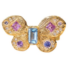 Leto Lama Anillo de Cóctel Reina Mariposa Pastel Zafiros y Diamantes Oro de 18 qt