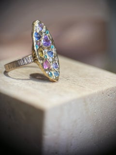 Leto Lama Marquise Pastel Abstract Cocktail Ring Sapphires, Paraibas 18 Ct Gold