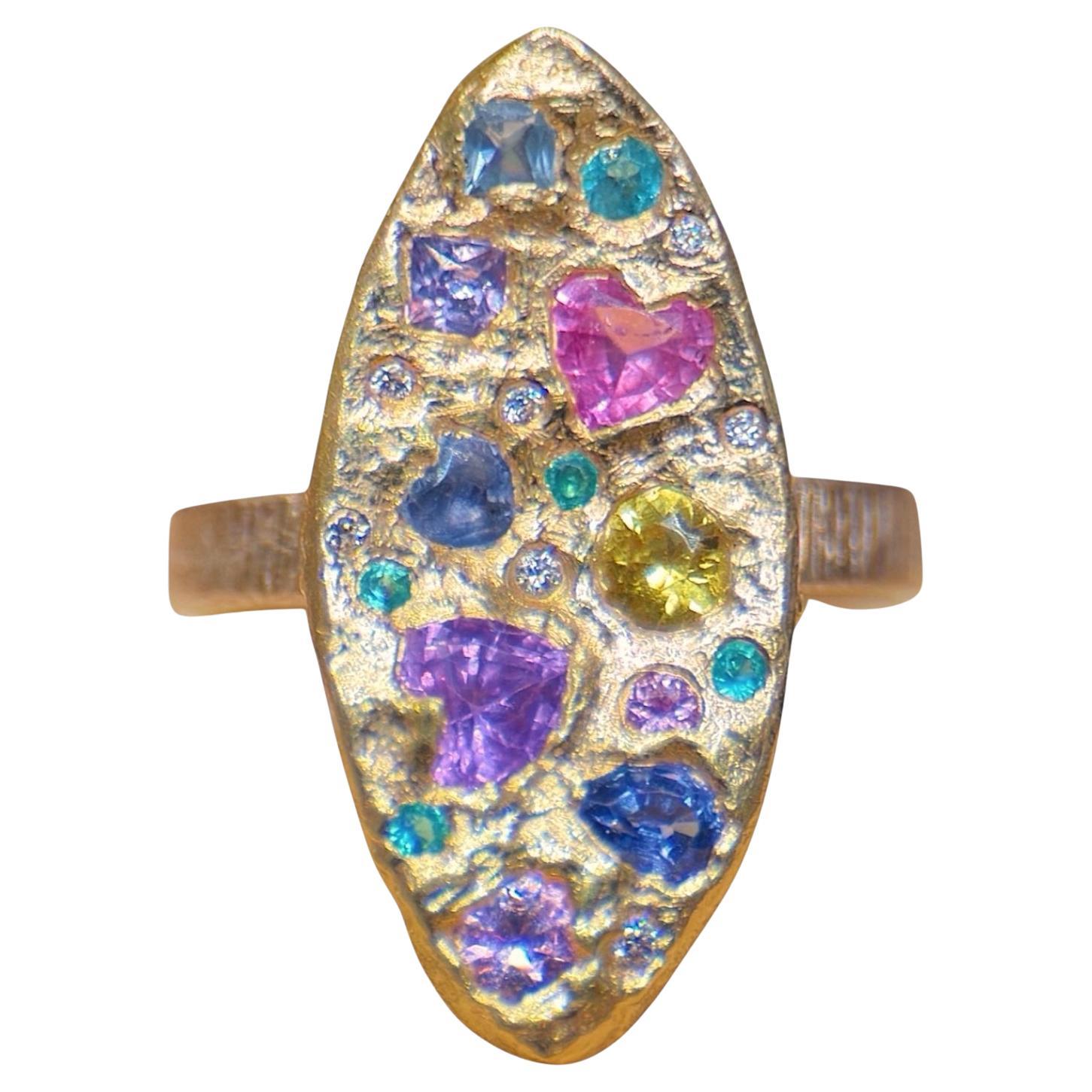Leto Lama Bague Cocktail Pastel Abstrait Marquise Saphirs, Paraibas Or 18 Ct