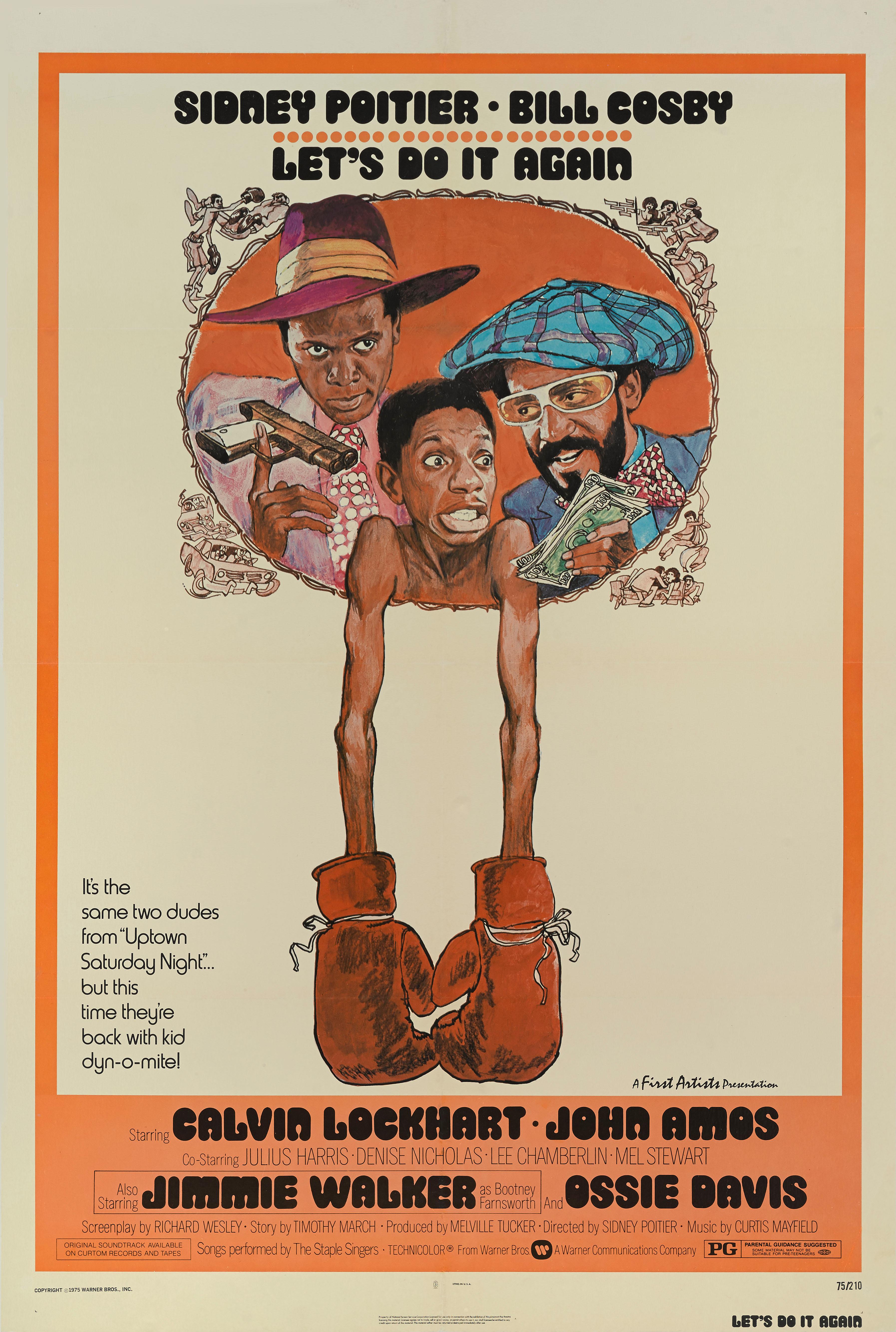 Original US-Filmplakat für die Komödie Let's Do It Again von 1975.
Regie bei diesem Film führten Sidney Poitier und  Er spielte die Hauptrolle zusammen mit Bill Cosby, Calvin Lockhart.
Dieses Plakat ist Erhaltung Leinen zurück und es wäre in einem
