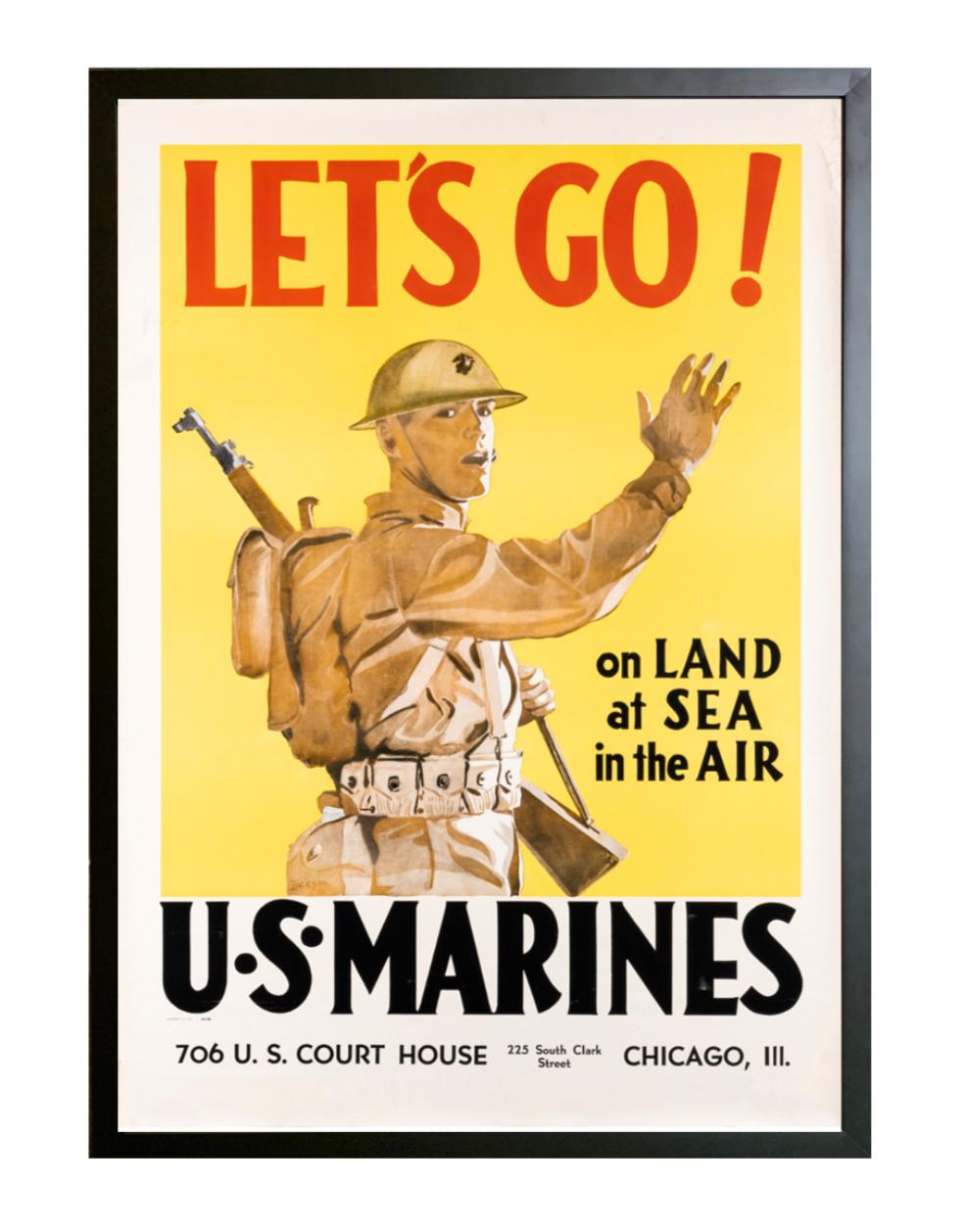 This is an original World War II Marines recruitment poster, by Dickson and issued in 1941. The poster depicts a uniformed Marine beckoning at the viewer to follow him. The persuasive text 