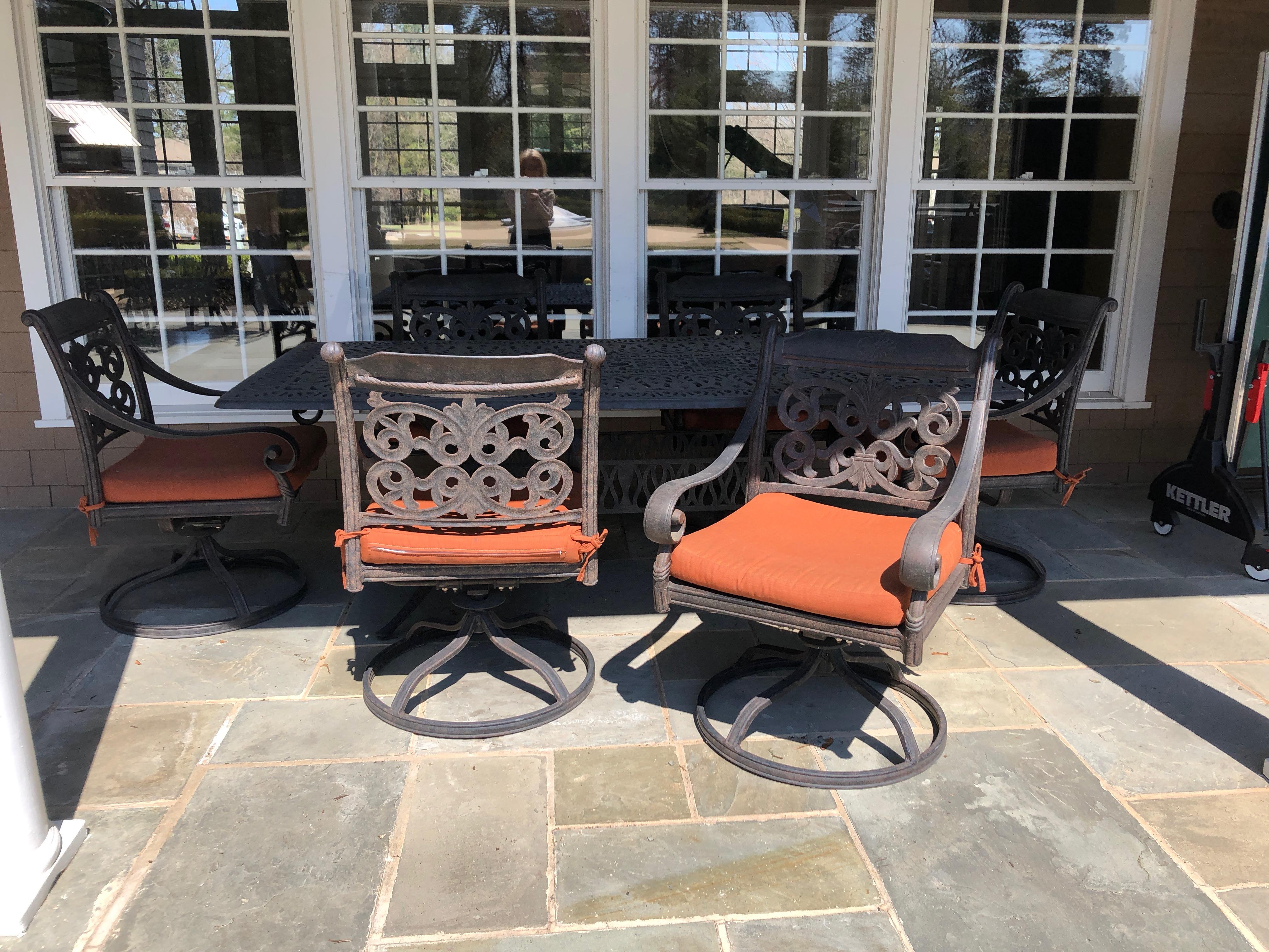 Let's Have a Party Large Cast Aluminum Patio Dining Table and 6 Armchairs 5