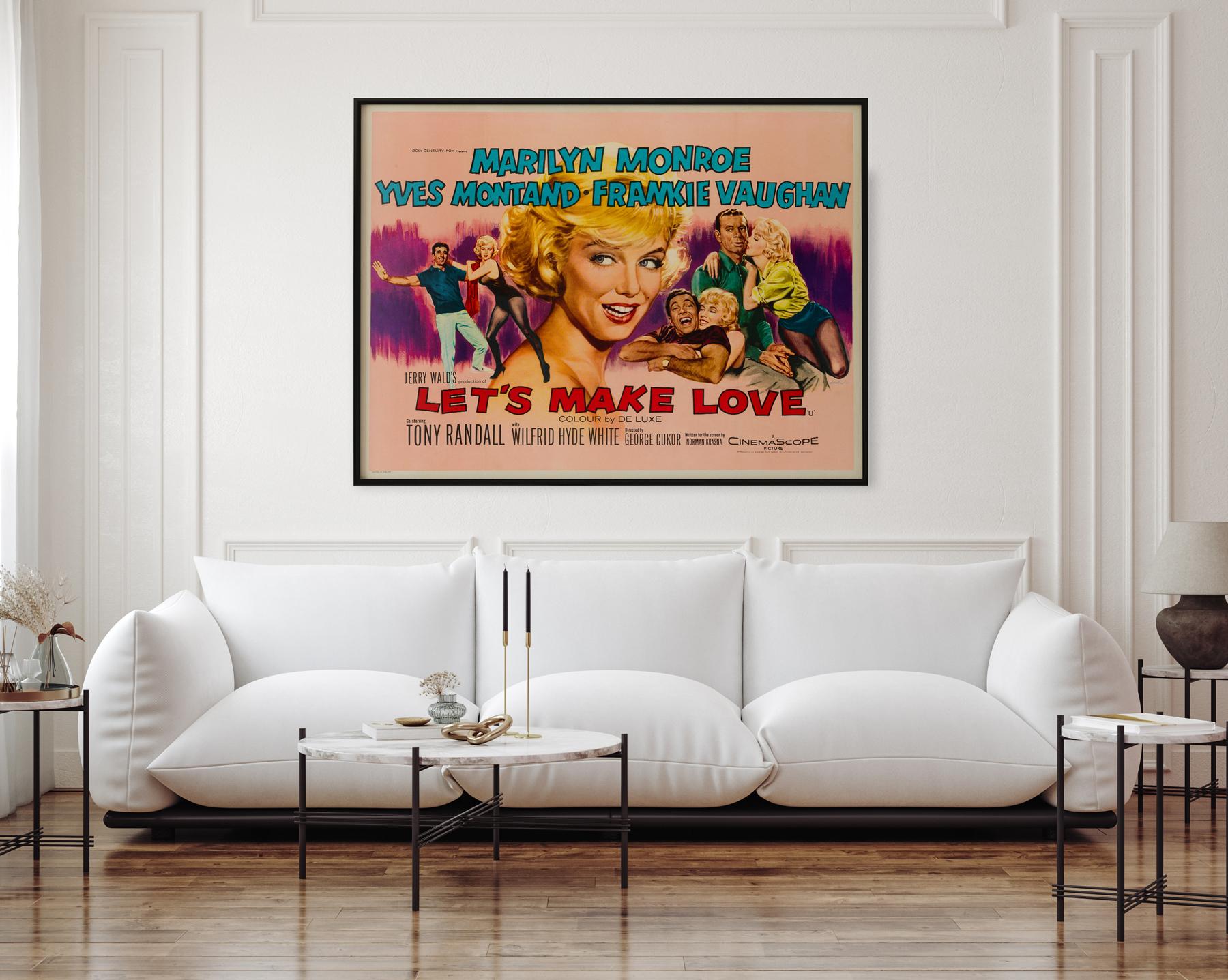 The highly collectable, very rare vintage UK quad for Marilyn Monroe's musical romcom Classic film, Let’s Make Love. Featuring artwork by British designer Tom Chantrell considered to be one of the best images of Monroe. Very rare