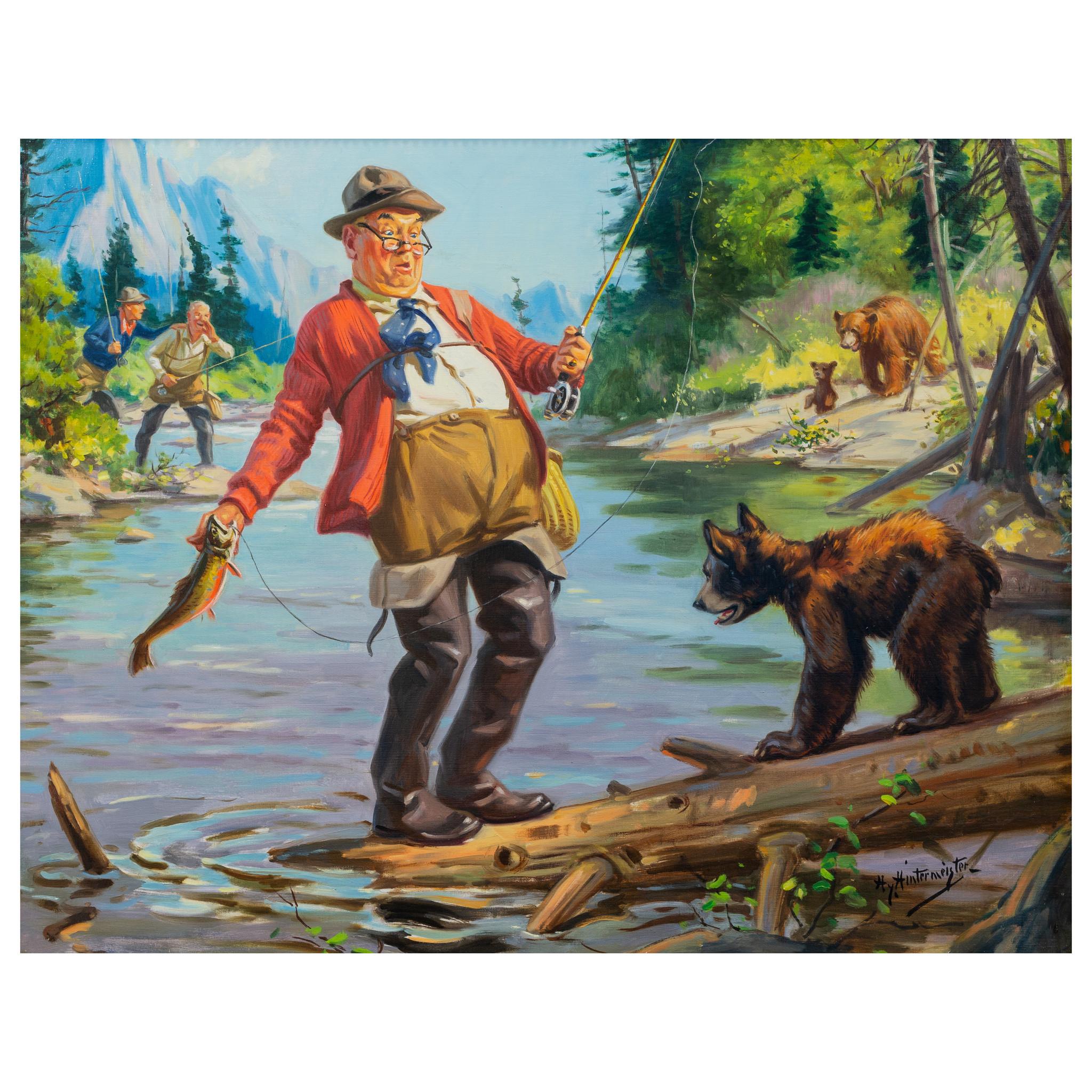 Oil on canvas by Hy Hintermeister 1897-1972. From the archives of the Shaw Barton Calendar company. Used for early calendar print. Part of the humorous fishing series he started. 27”x22”. Well framed.

Henry Hintermeister was born in 1897 in New
