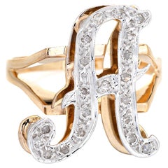 Letter a Diamond Initial Ring Vintage 14k Yellow Gold Fine Estate Jewelry