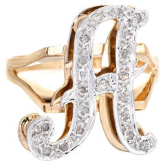 Letter a Diamond Initial Ring Vintage 14k Yellow Gold Fine Estate Jewelry