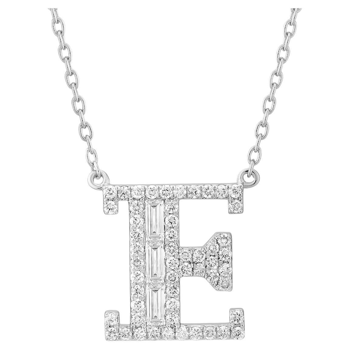 Letter Baguette Diamond Pendant 14K White Gold Personalized E Initial Necklace For Sale