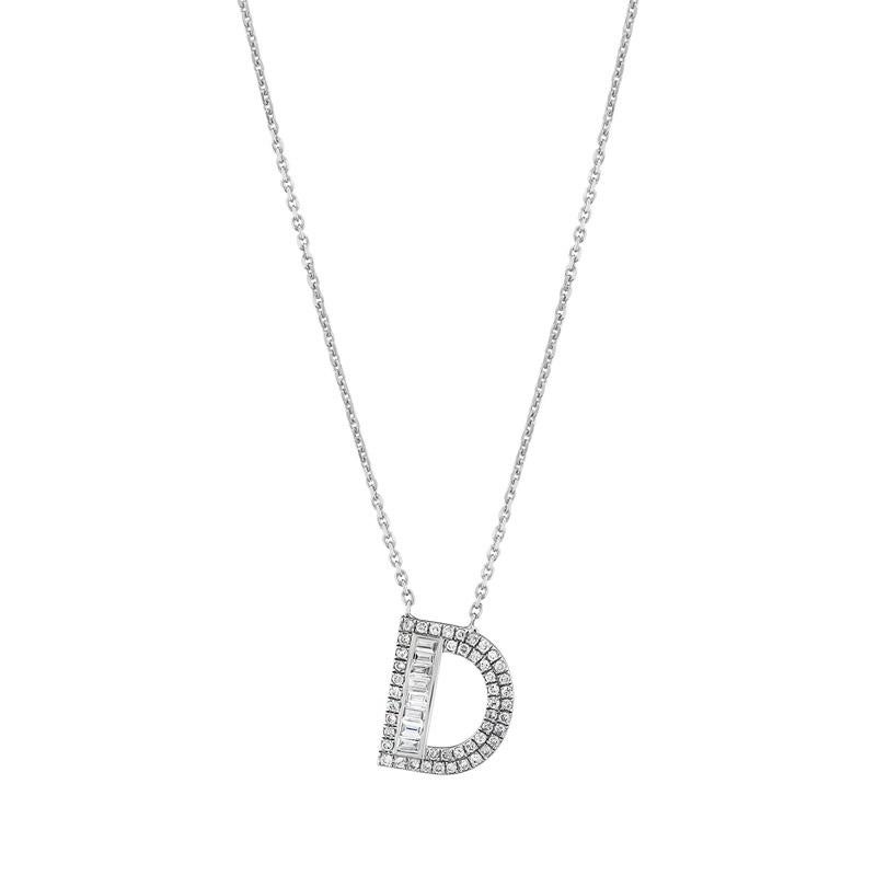 Personalized Valentine's Day Gifts for LOVE
This Beautiful Diamond Letter Pendant Is Entirely Handcrafted In 14K White Gold. 
The Letter D Charm Is Garlanded With Channel-Set Baguette-Cut Diamonds And Prong Set Brilliant Round Diamonds Weighing 0.34