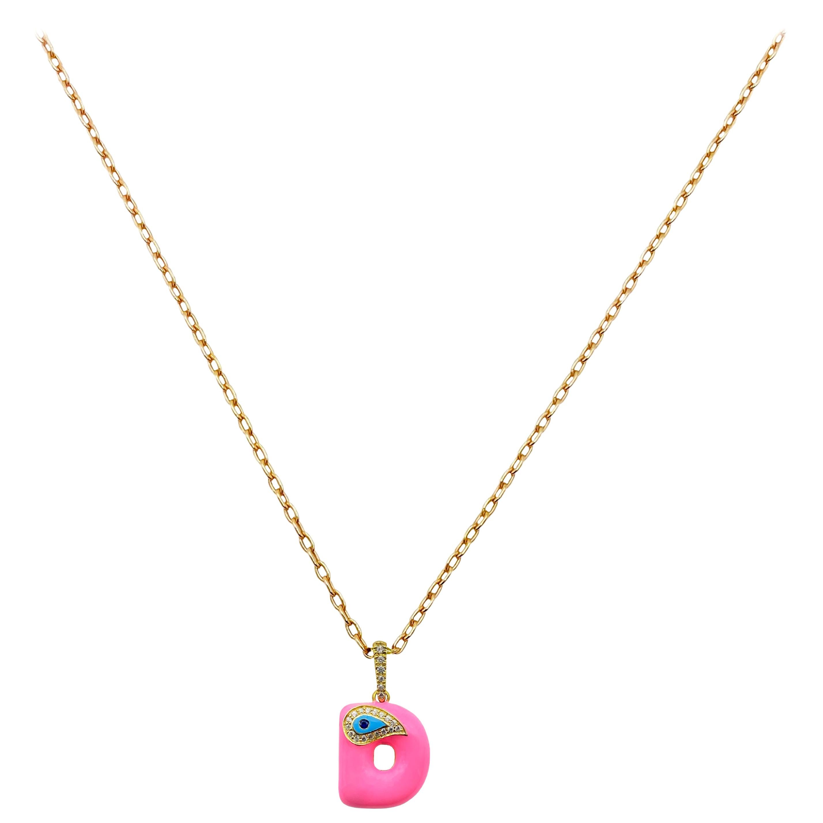 Letter D Initial Evil Eye ID Pink Neon Blaze Diamond Sapphire 14K Gold Necklace For Sale