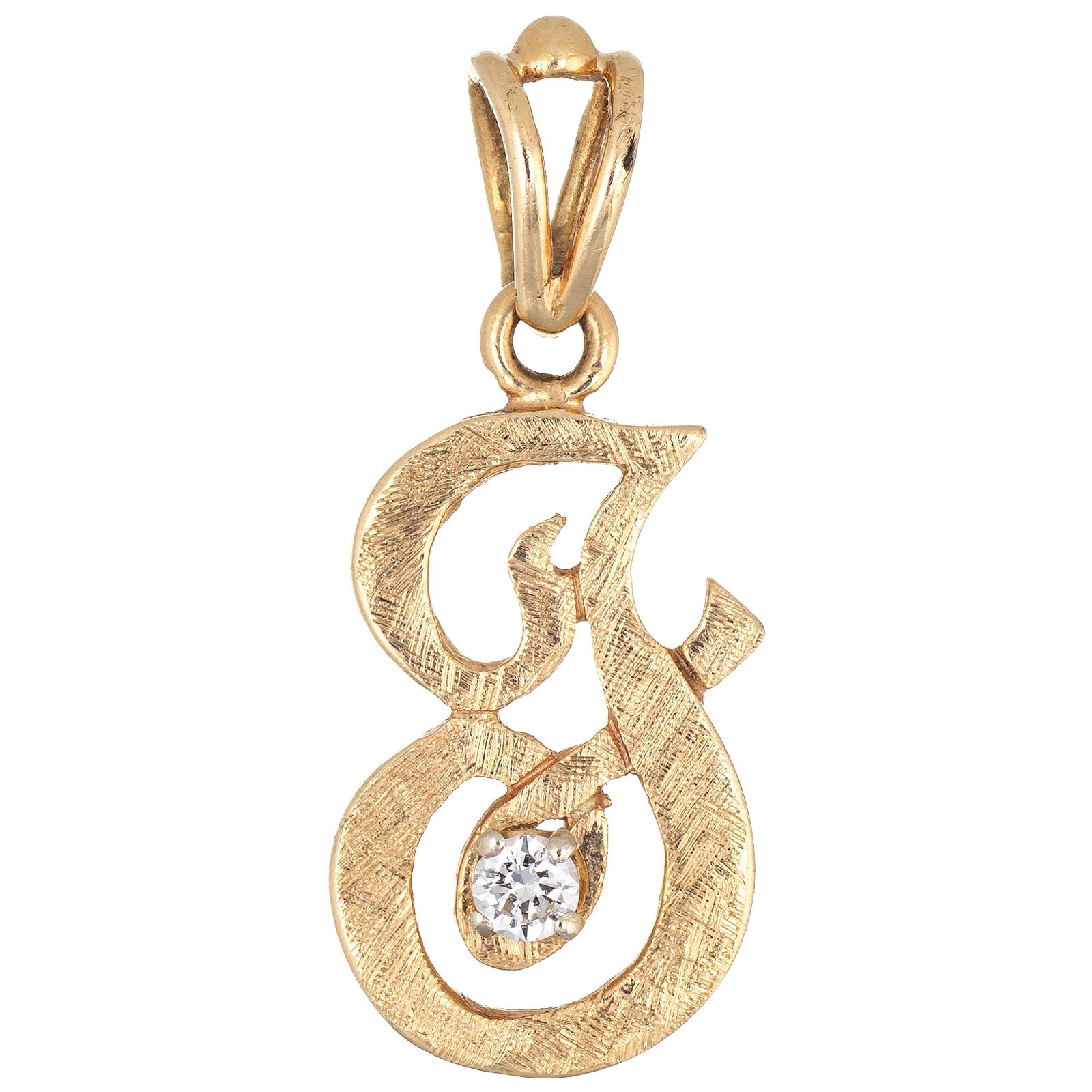 Letter F Diamond Pendant Vintage 14 Karat Gold Florentine Finish Old Cursive