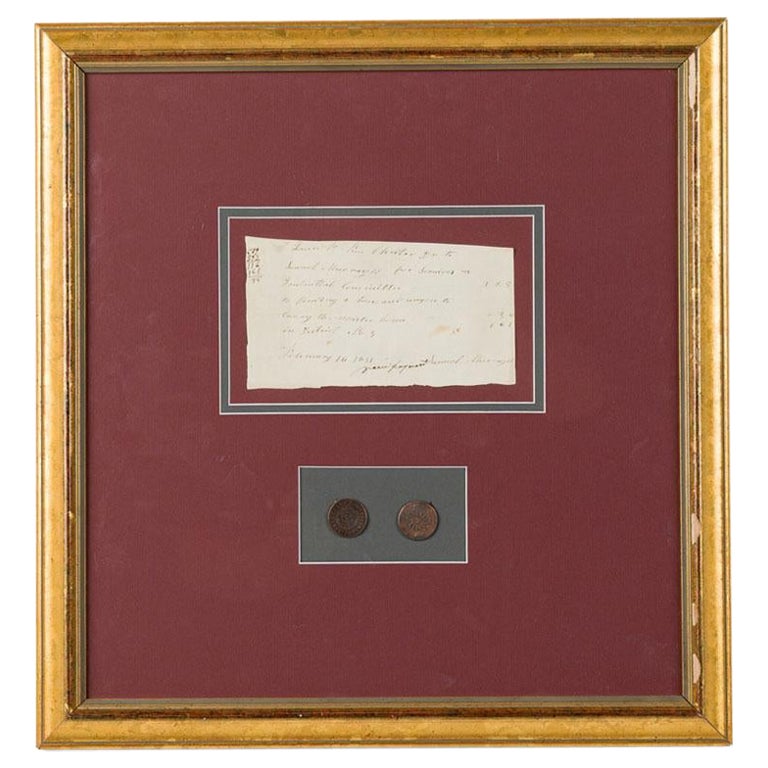 Letter Fragment and Antique Coins in Burgundy Matting and a Gilt Frame