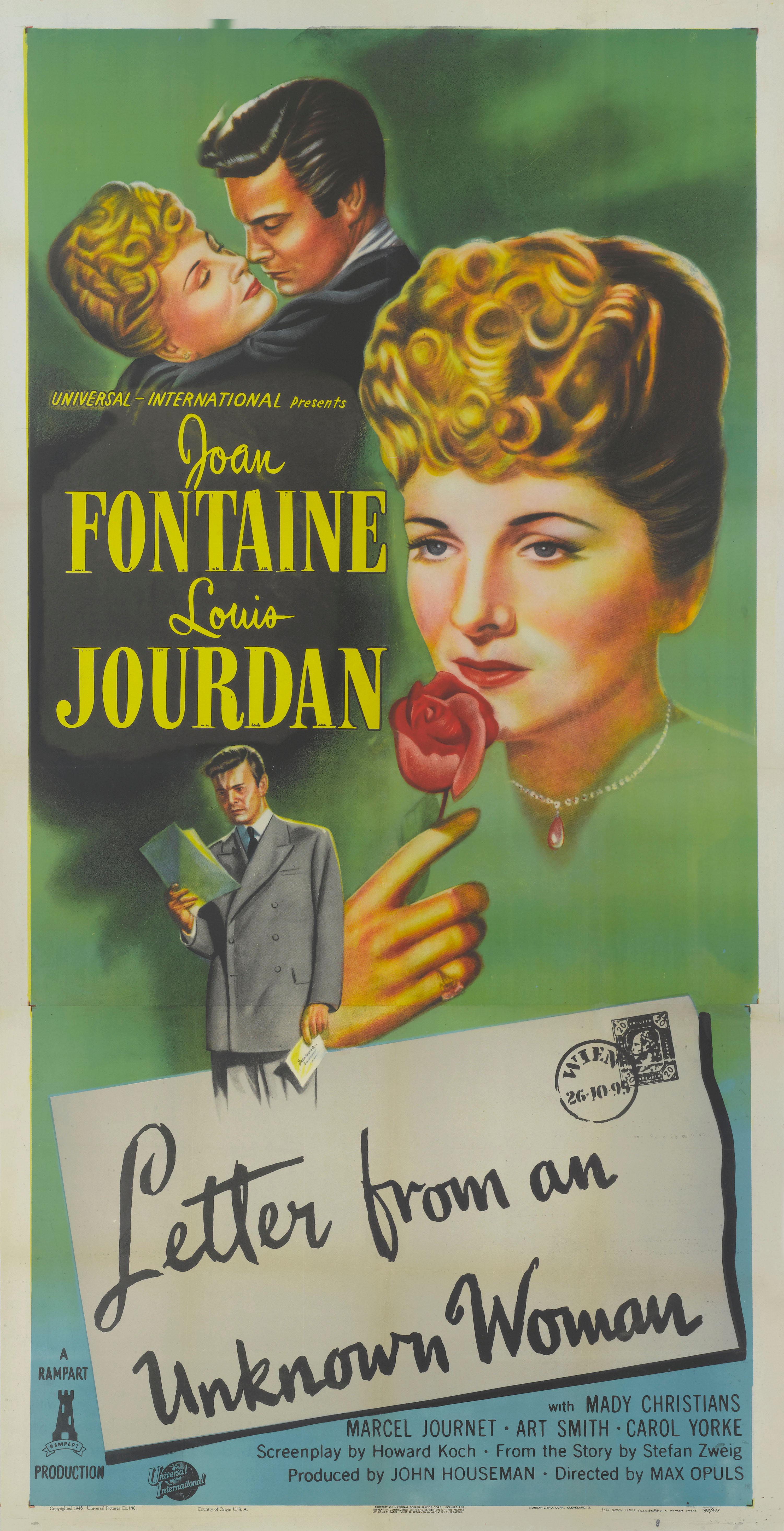 Original US film poster for the 1948 drama directed Max Ophuls and starred Joan Fontaine, Louis Jordan.
The poster was printed in 2 sheets and designed to be pasted up on bill board and therefore only unused examples survived.
The poster is in