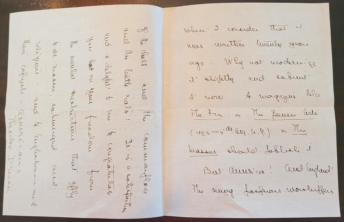 Classique américain Lettre de Theodore Dreiser datée du 19 décembre 1916 à Eliza Calvert Hall en vente