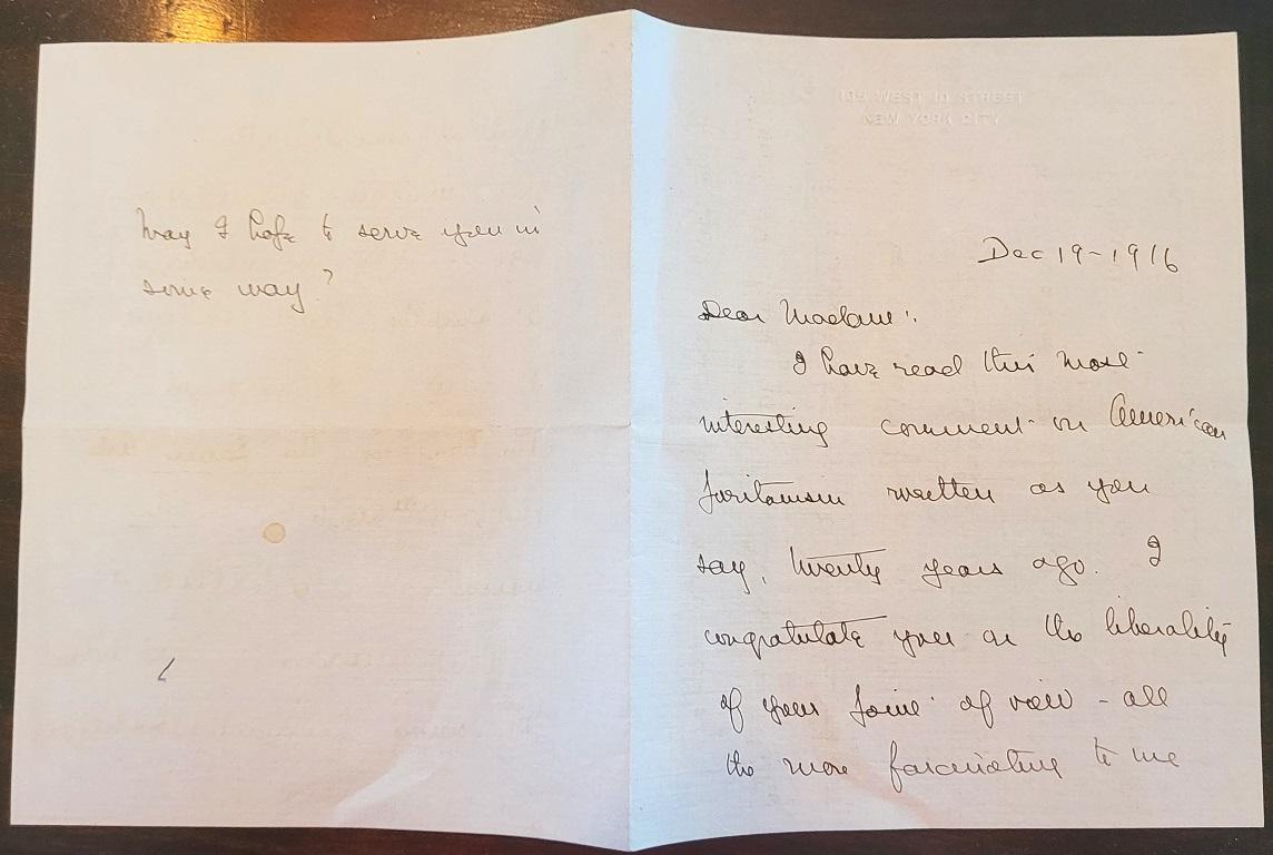Hand-Crafted Letter from Theodore Dreiser Dated 19 Dec 1916 to Eliza Calvert Hall For Sale