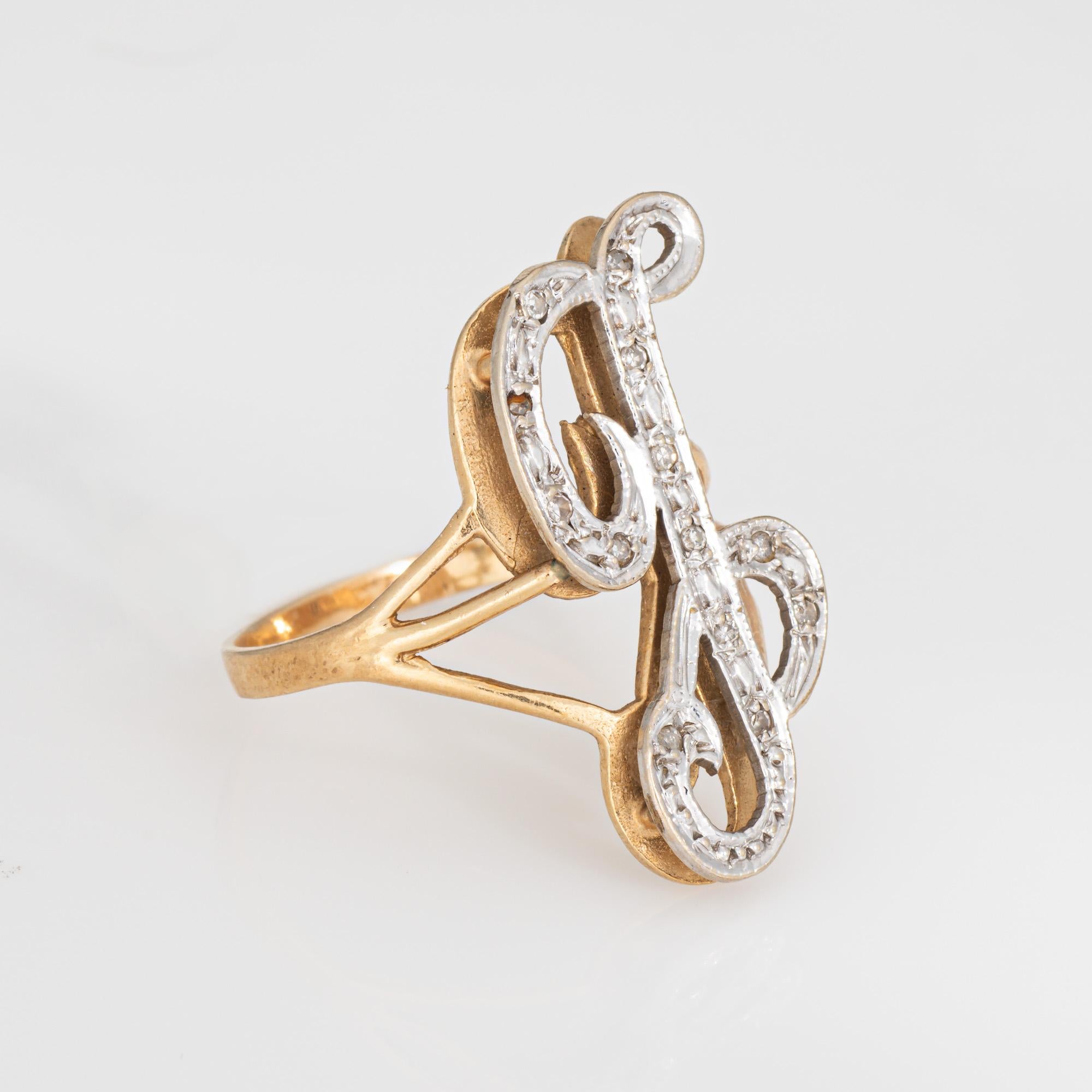 Modern Letter G Diamond Initial Ring Vintage 14k Yellow Gold Sz 9.5 Estate Jewelry For Sale