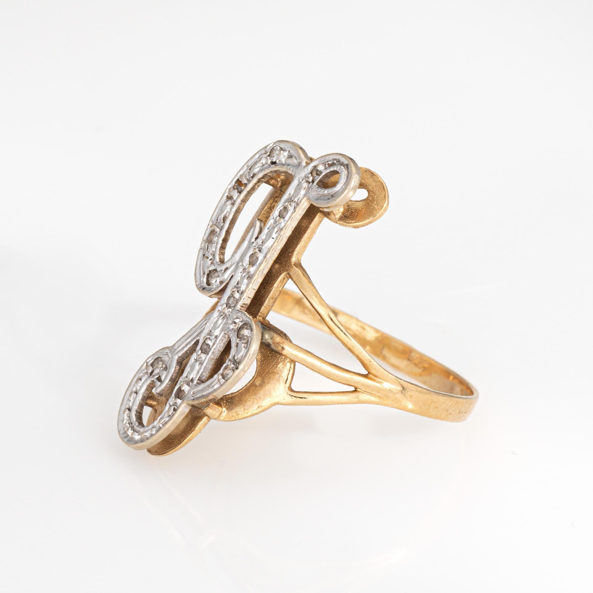 Round Cut Letter G Diamond Initial Ring Vintage 14k Yellow Gold Sz 9.5 Estate Jewelry For Sale