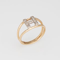 Letter H Diamond Initial Ring Vintage 14k Yellow Gold Sz 6.75 Estate Jewelry
