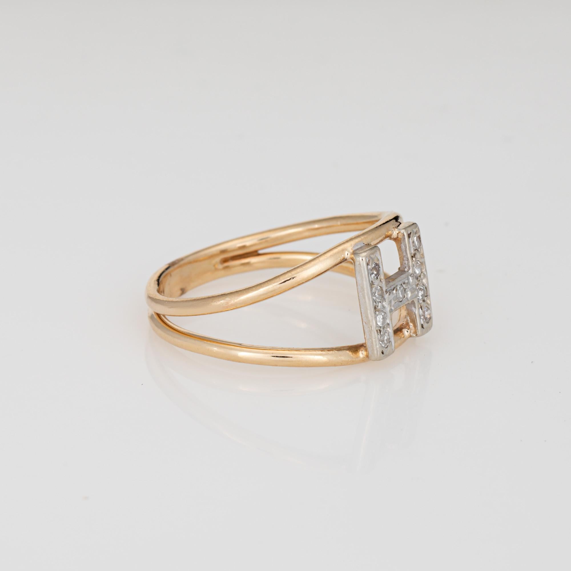 Modern Letter H Diamond Initial Ring Vintage 14k Yellow Gold Sz 6.75 Estate Jewelry