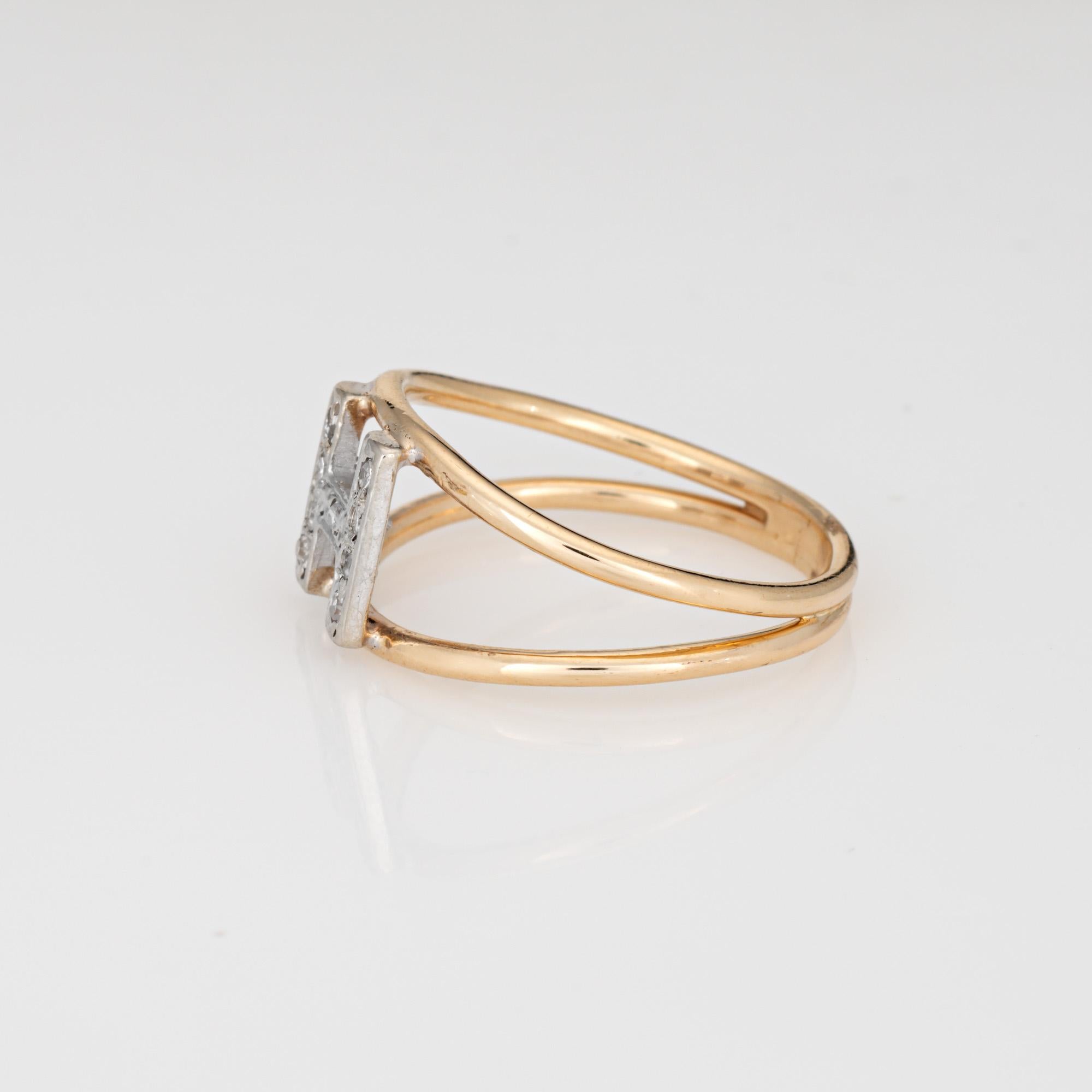Round Cut Letter H Diamond Initial Ring Vintage 14k Yellow Gold Sz 6.75 Estate Jewelry