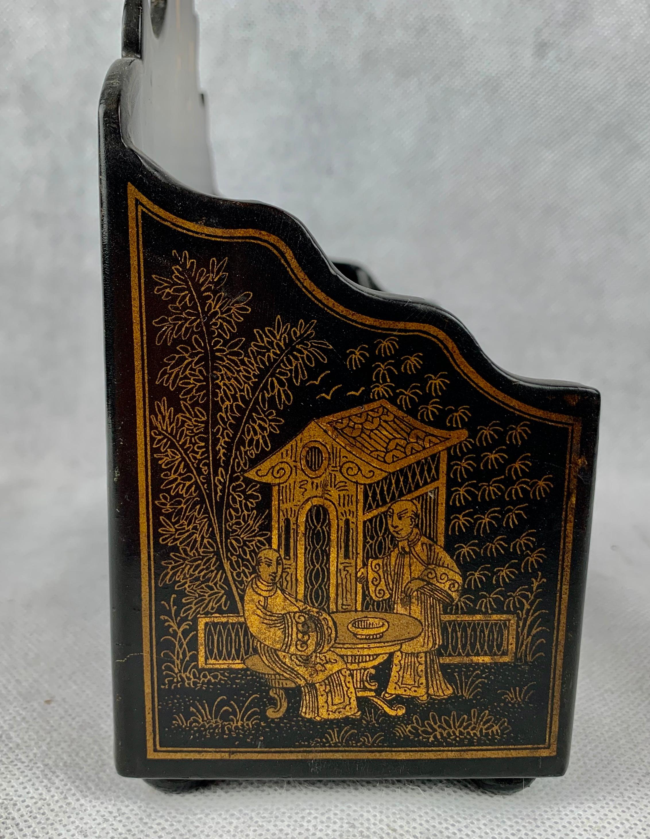 English Letter Holder-Black Lacquer on Papier Mâché with Gilt Chinoiserie Scenes
