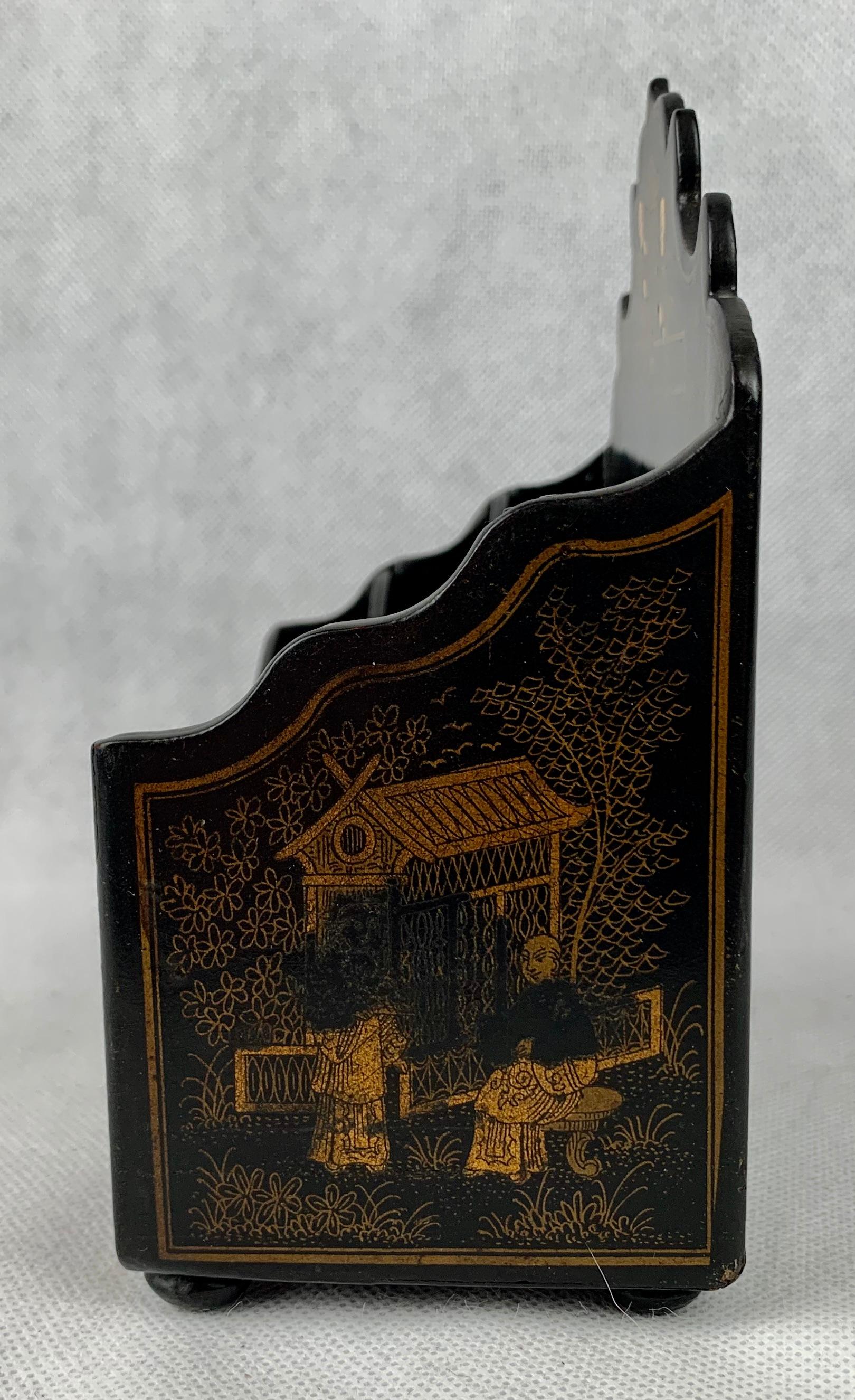 Hand-Crafted Letter Holder-Black Lacquer on Papier Mâché with Gilt Chinoiserie Scenes