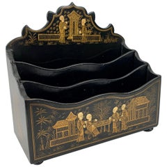 Letter Holder-Black Lacquer on Papier Mâché with Gilt Chinoiserie Scenes