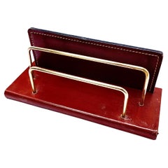 Vintage Letter Holder in Brown Leather and Brass, Old Patina, France circa 1950