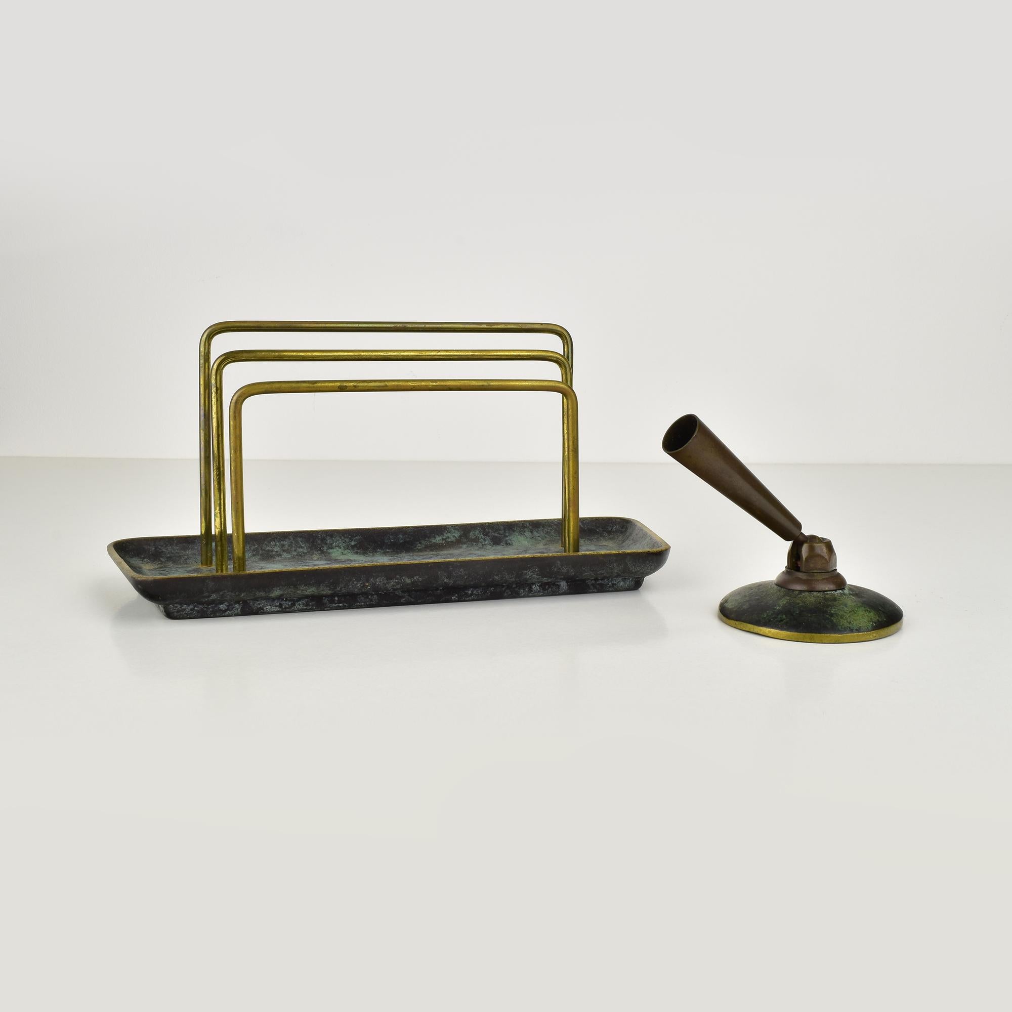 Art Deco Letter Holder Rack & Pen Stand Verdigris Patinated Bronze Bauhaus Era For Sale