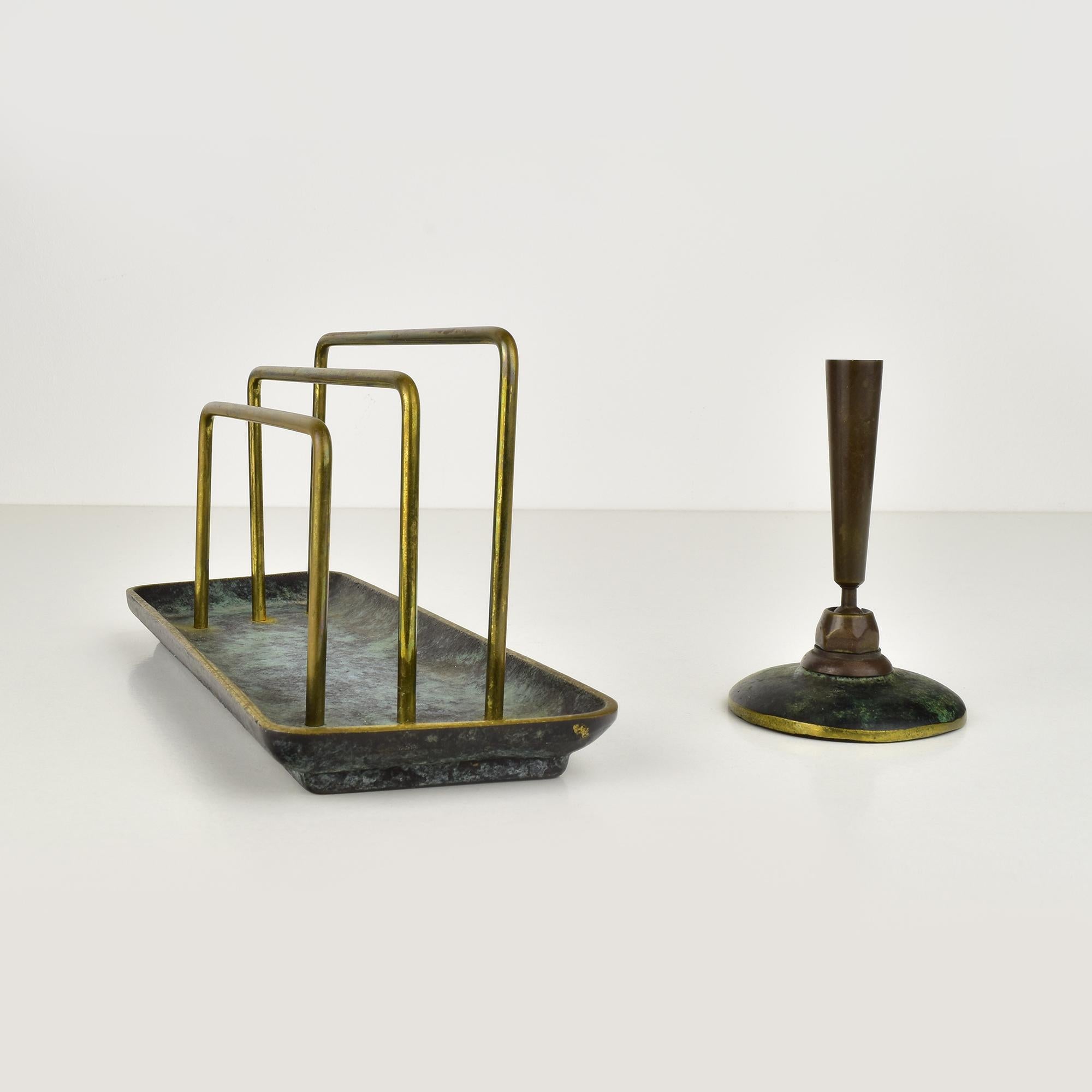 German Letter Holder Rack & Pen Stand Verdigris Patinated Bronze Bauhaus Era For Sale
