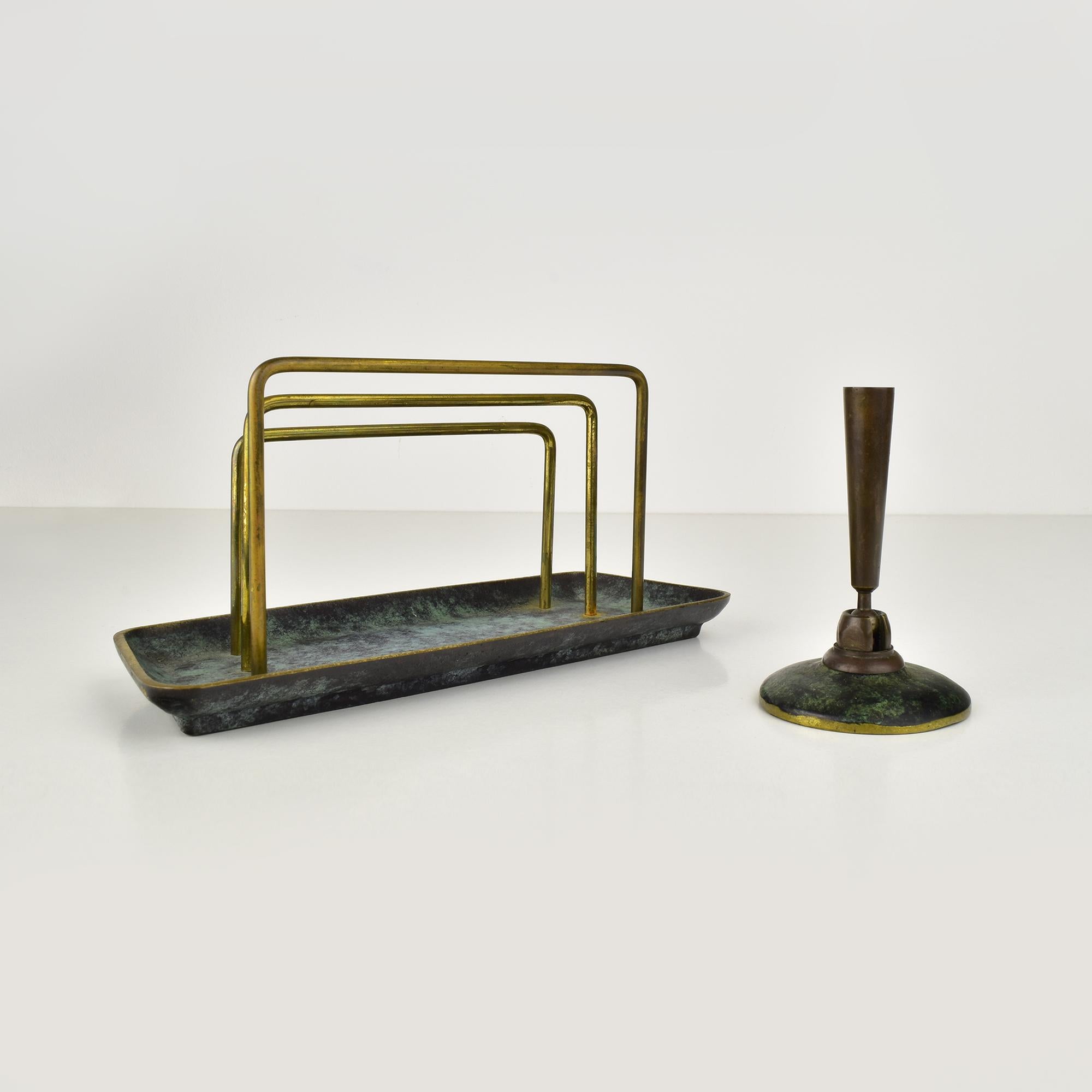 Letter Holder Rack & Pen Stand Verdigris Patinated Bronze Bauhaus Era In Good Condition For Sale In Bad Säckingen, DE