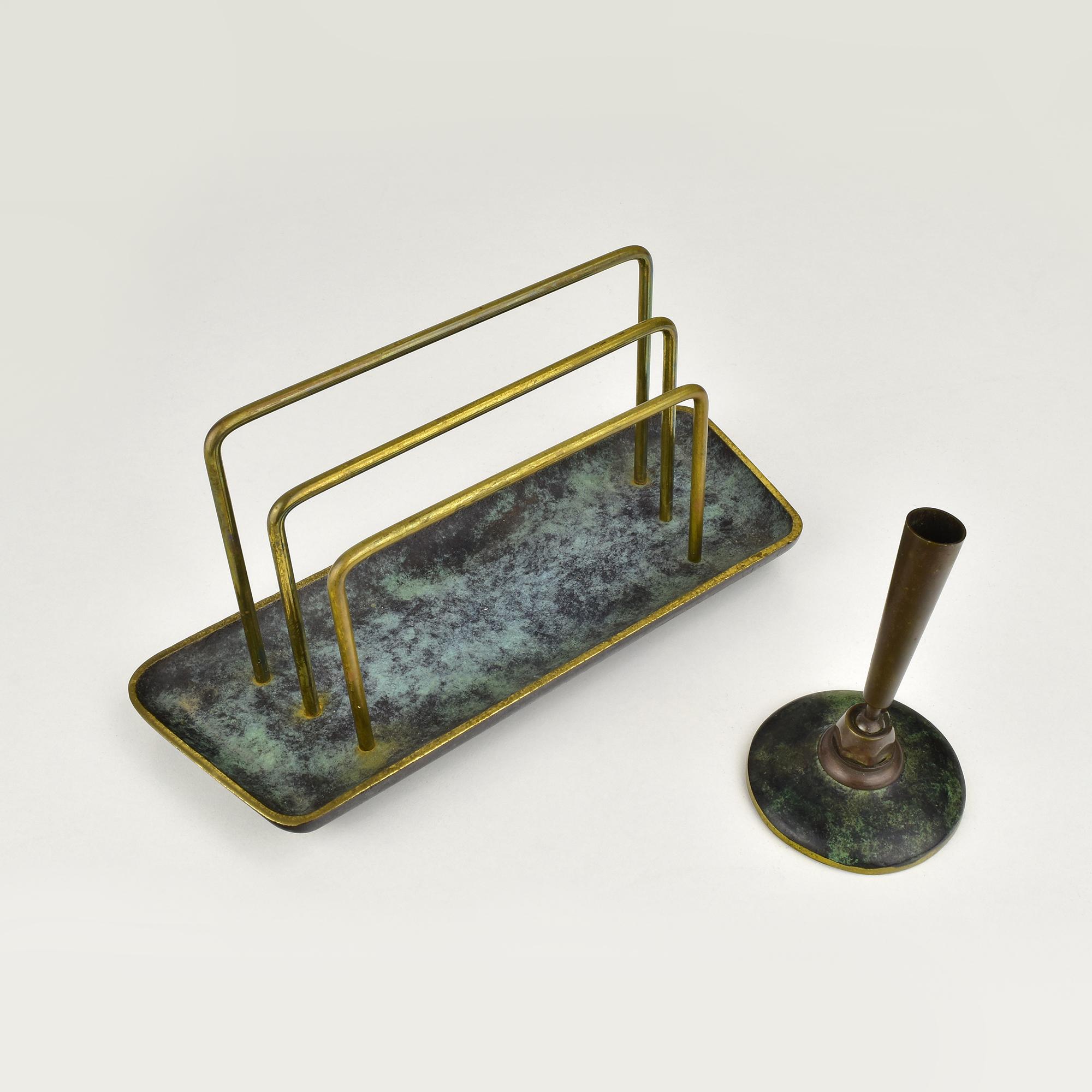 Mid-20th Century Letter Holder Rack & Pen Stand Verdigris Patinated Bronze Bauhaus Era For Sale