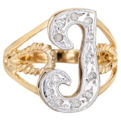 Letter J Diamond Initial Ring Vintage 14k Yellow Gold Estate Fine Jewelry