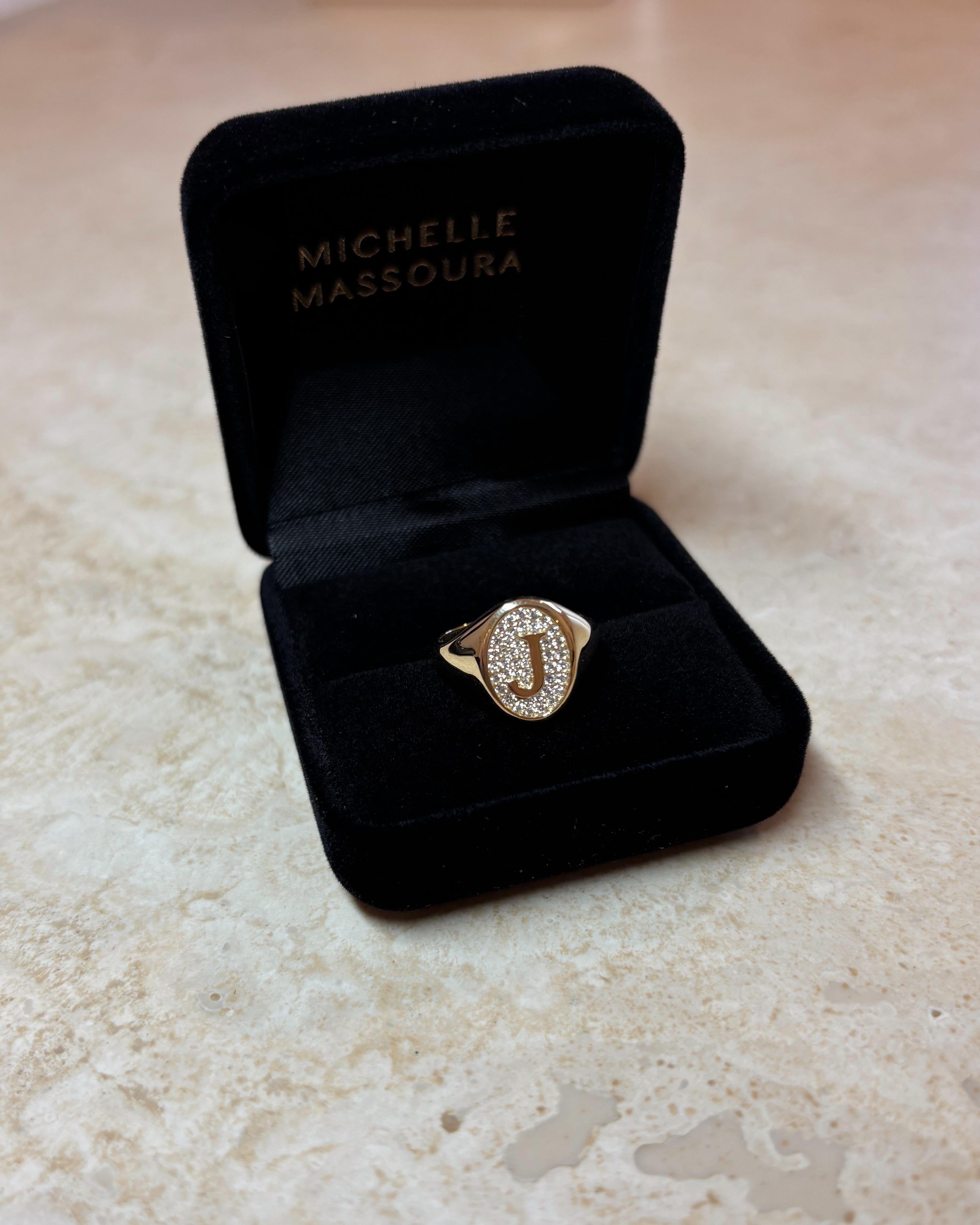 Contemporary Letter J, Diamonds 0.20ctw, Signet Ring 18k Gold For Sale
