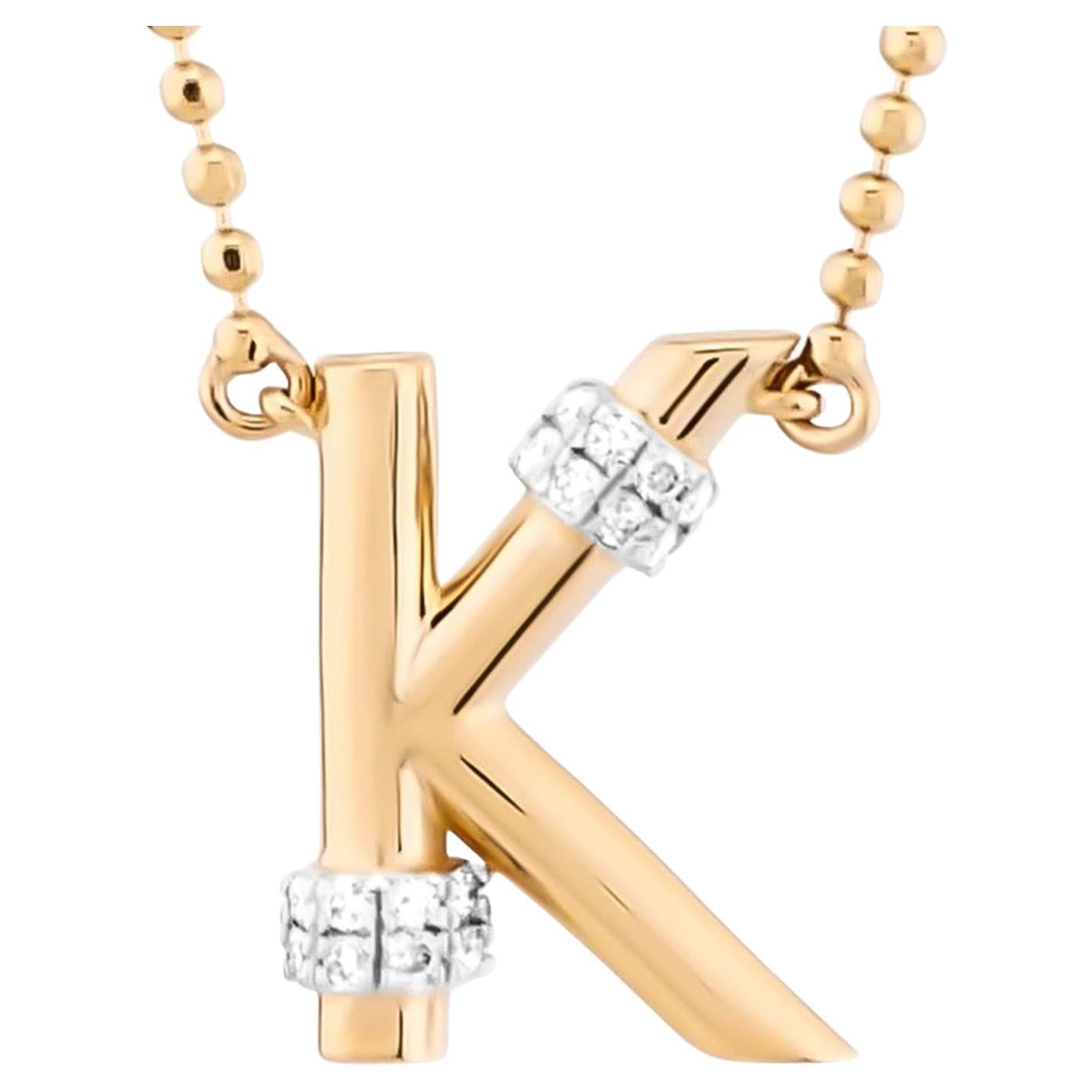Letter K Diamond Necklace, 14K Yellow Gold, Beaded Ball Chain Initial Charm