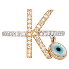 Retro Letter K Diamond Ring Evil Eye Charm Estate 14k White Gold Fine Jewelry
