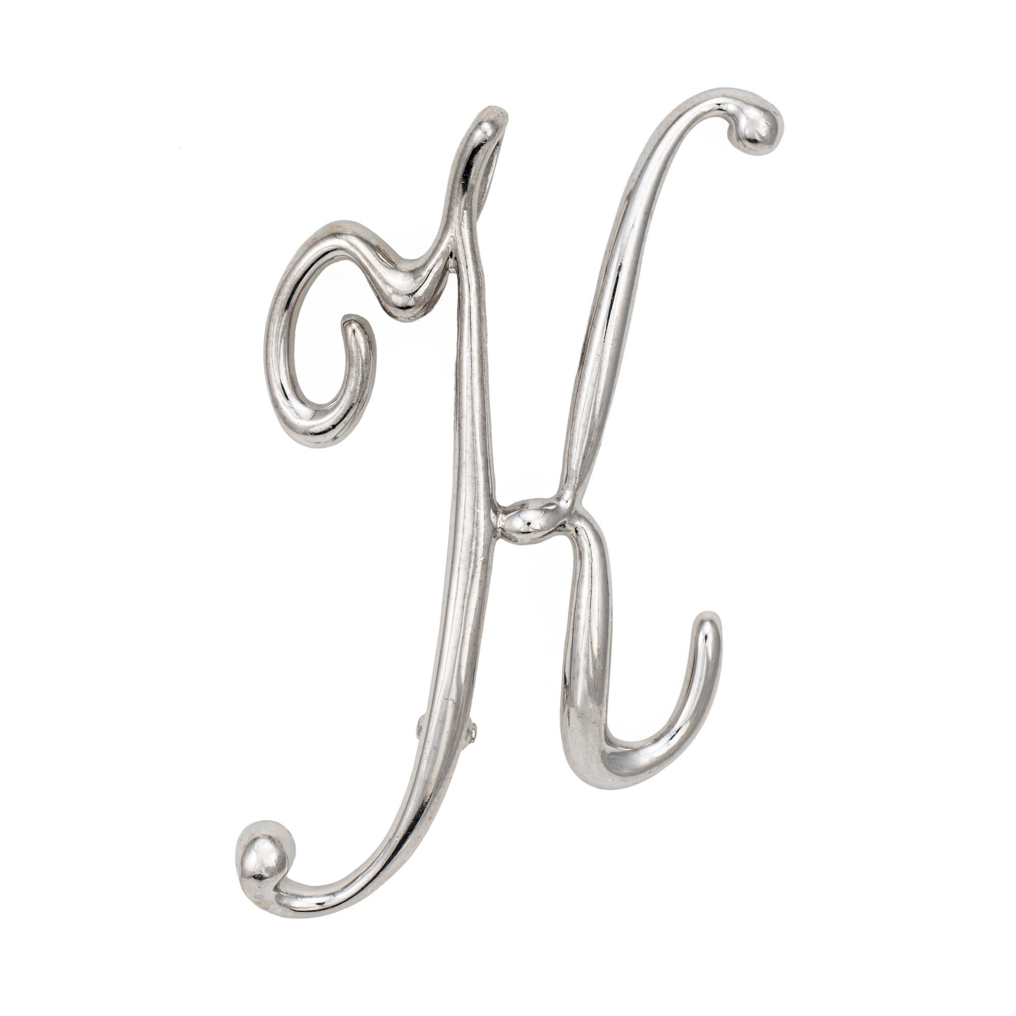 Modern Letter K Pendant Brooch Vintage Platinum Large Initial Script Estate Jewelry For Sale