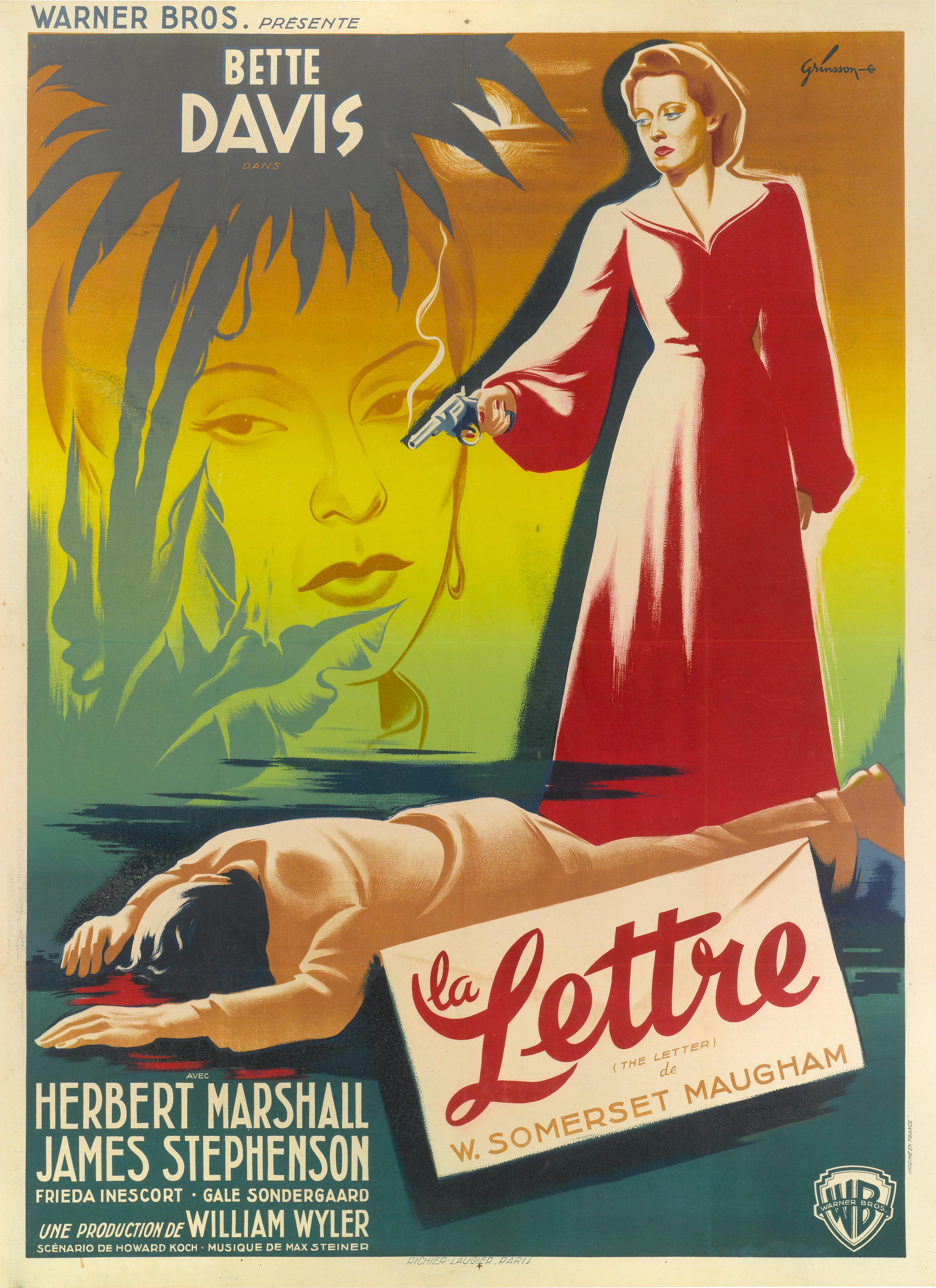 Locandina originale francese del film noir di William Wyler del 1940 con Bette Davis, William Marshall e William Stephenson. La sceneggiatura di Howard E. Koch è basata sull'omonima opera teatrale del 1927 di W. Somerset Maugham. Questo classico del