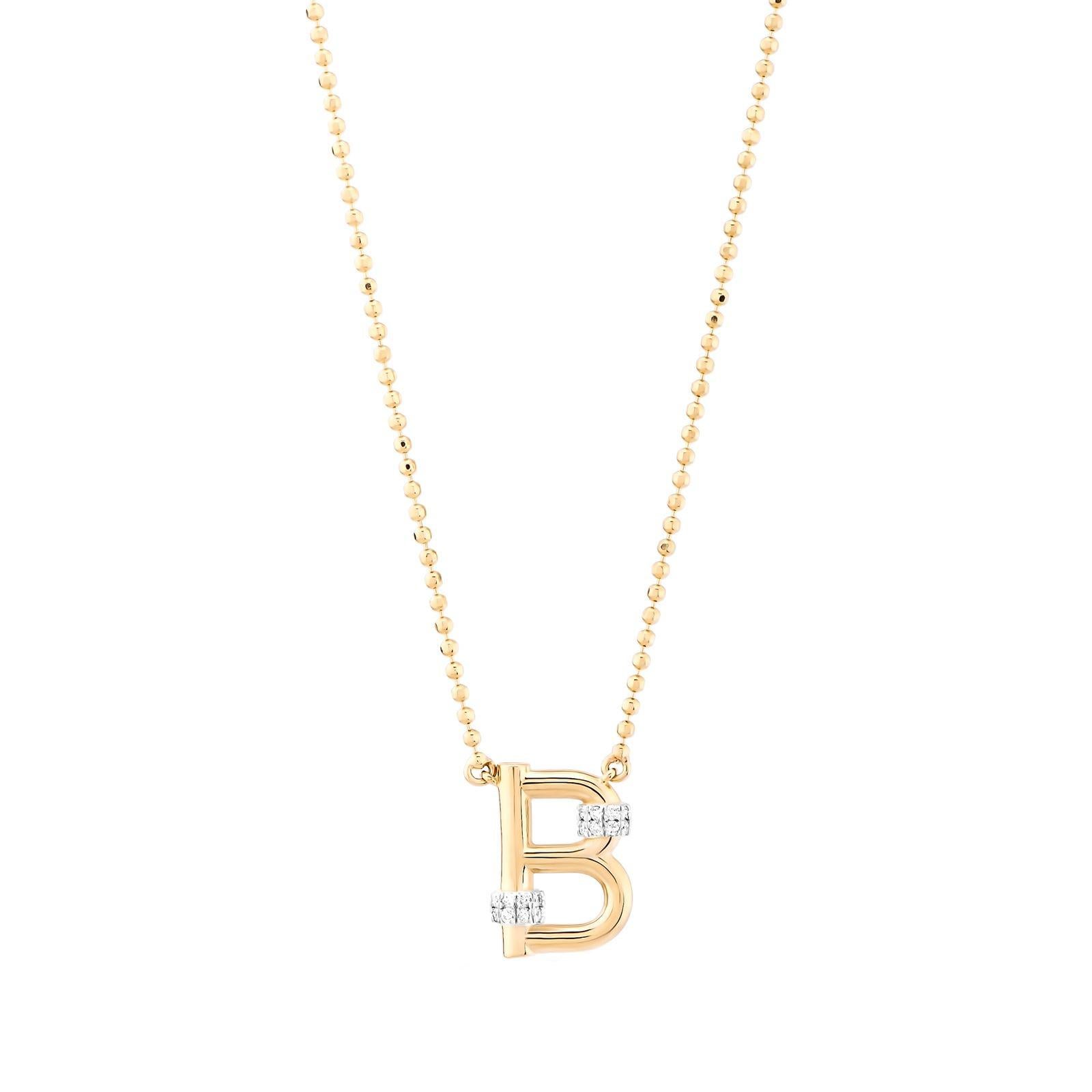 Buchstabe-Halskette, Diamant E Farbe 14K Gelbgold, B Initial-Anhänger Kugelkette (Rundschliff) im Angebot
