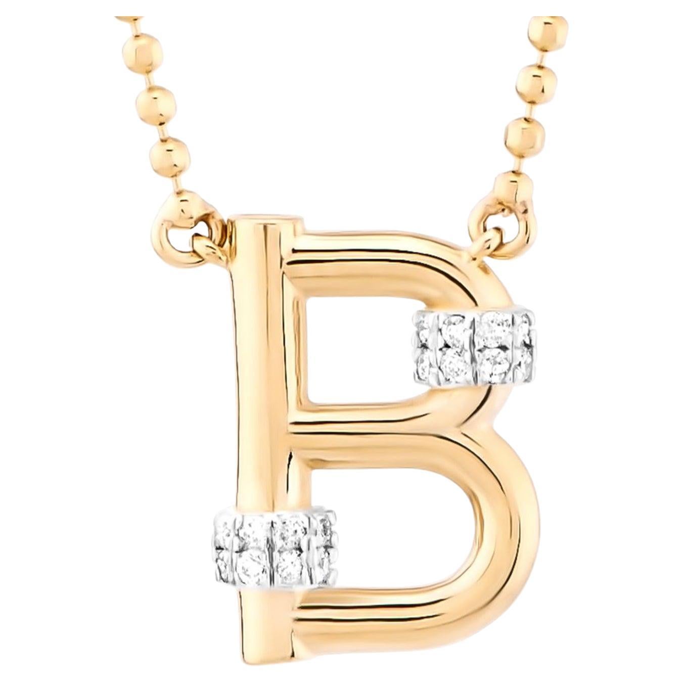 Letter Necklace, Diamond E Color 14K Yellow Gold, B Initial Pendant Ball Chain For Sale