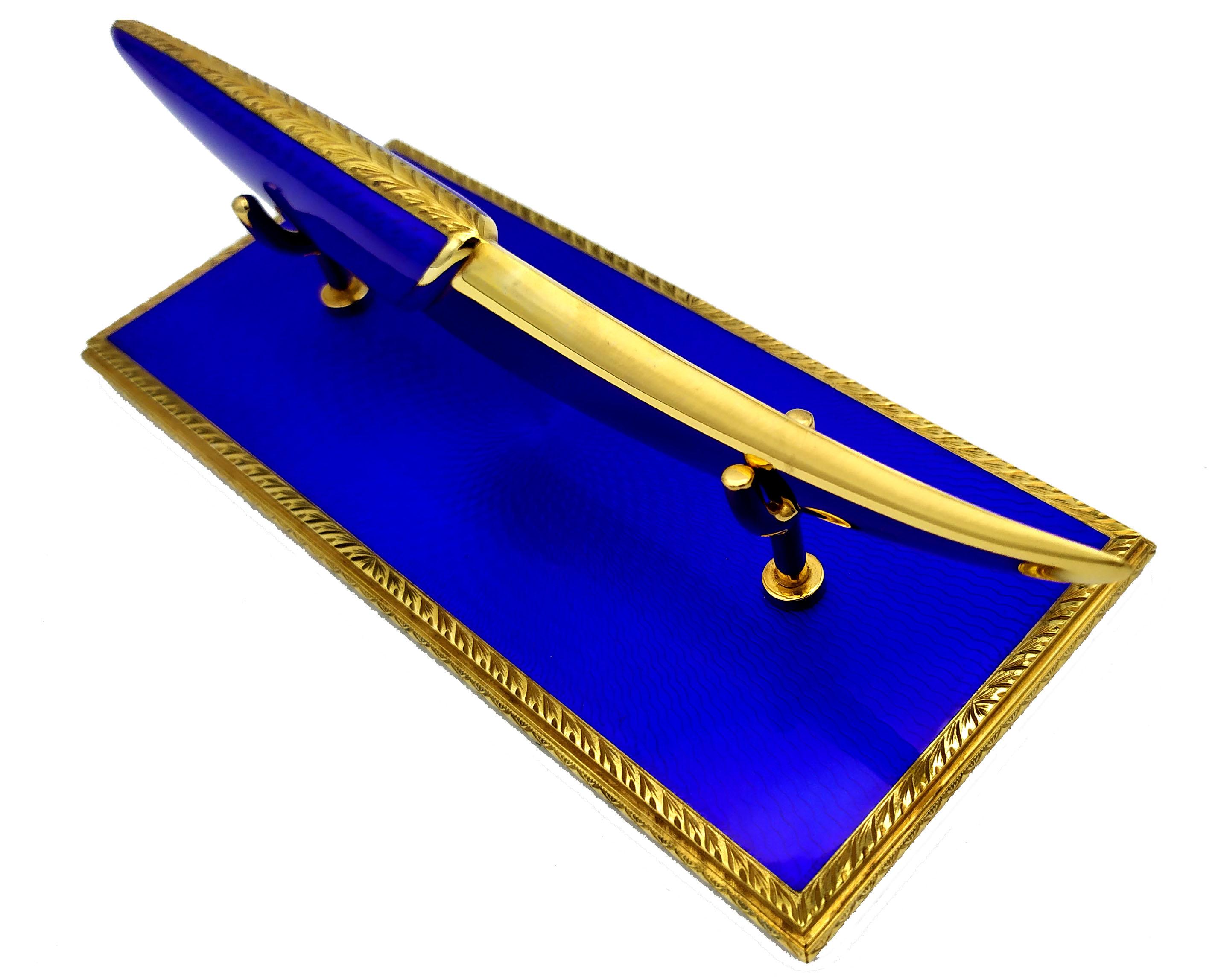 Gold Letter Opener Sterling Silver Blue Enamel on Guillochè Salimbeni For Sale