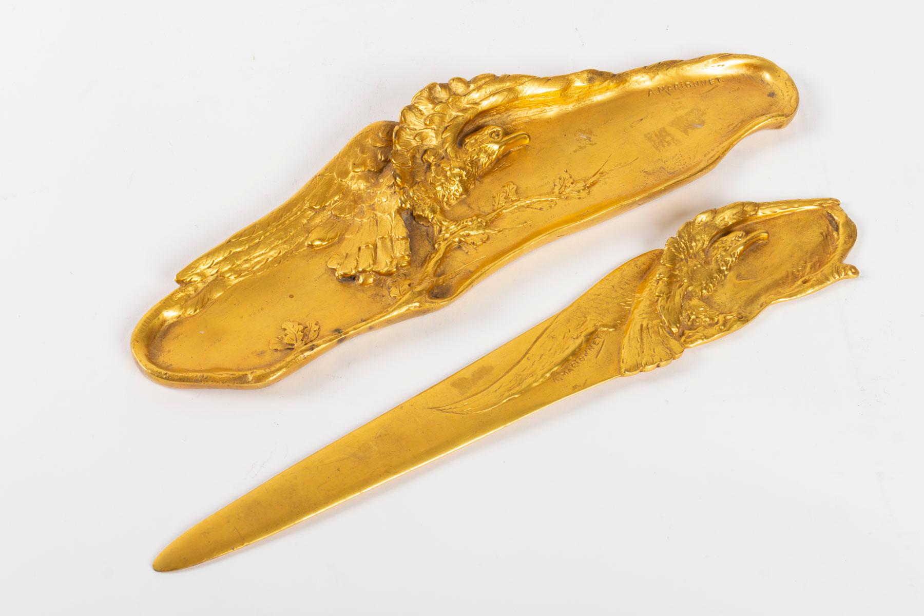 20th Century Letter Opener with Its Empty Pocket, Art Nouveau Period, 1900, Golden Bronze