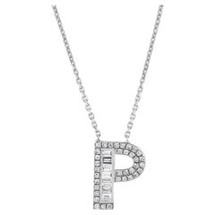 Letter P Baguette Diamond Necklace 14K Solid White Gold, Valentine's Day Gift