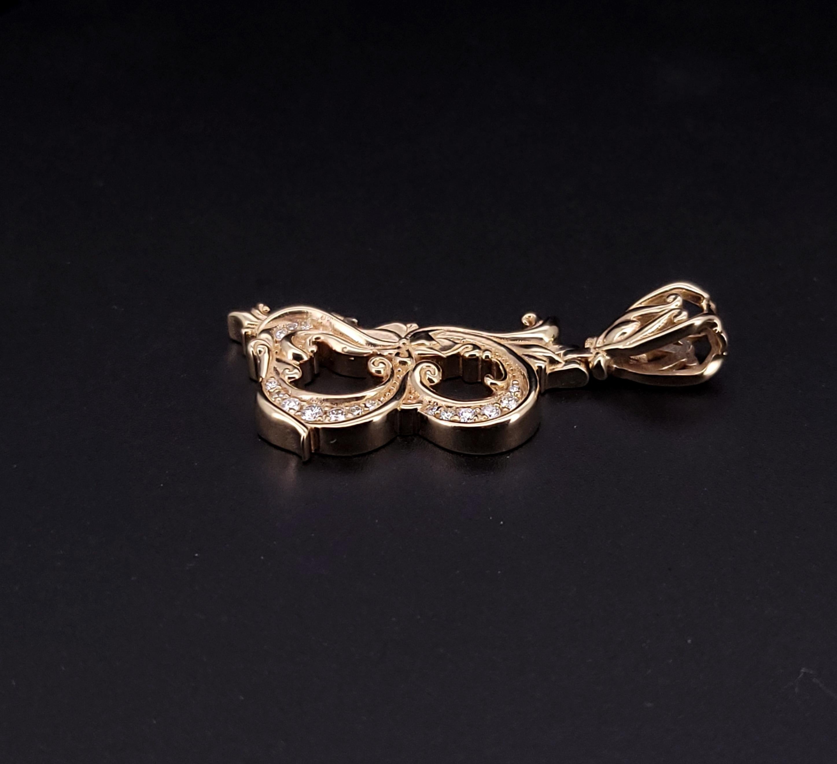 Pendentif lettre B en or jaune 14 carats  diamants  style victorien Neuf - En vente à New York, NY