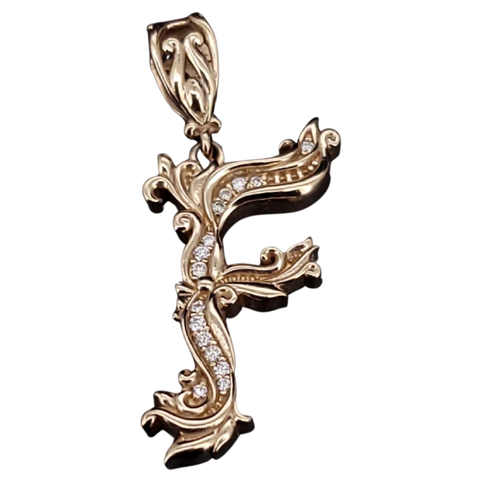 Pendentif lettre "F" Or jaune 14K  diamants  style victorien en vente