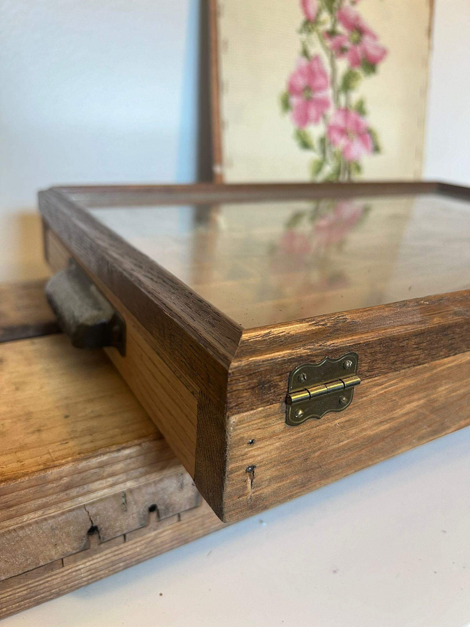 Mid-Century Modern Letter Press Box Trinket Shelf with Glass Door For Sale