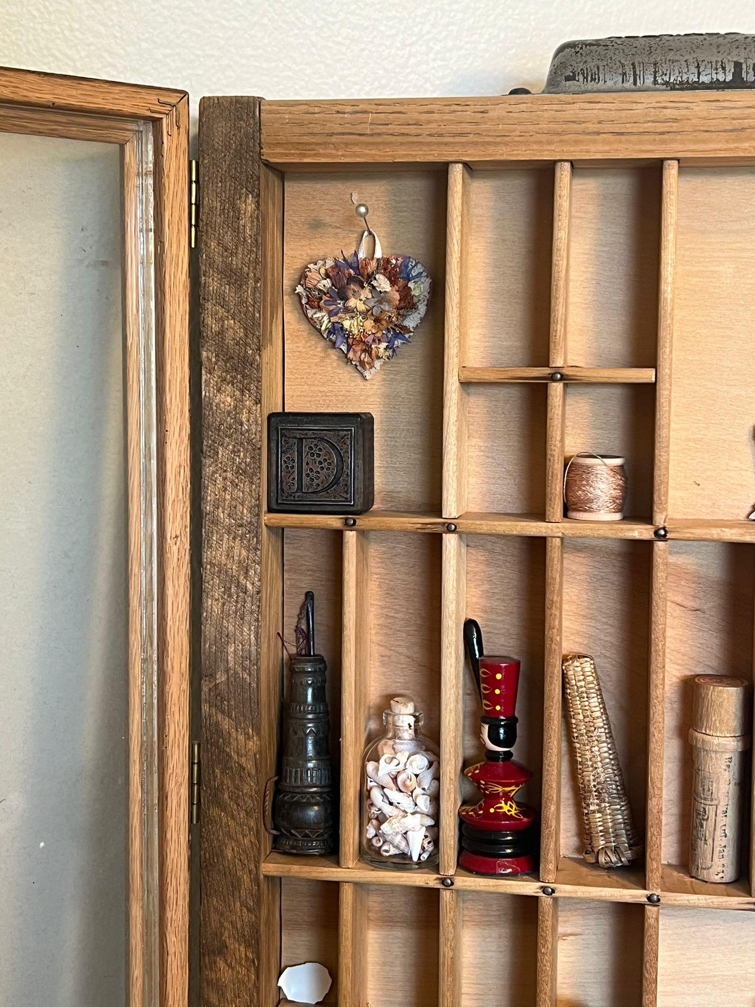 Wood Letter Press Box Trinket Shelf with Glass Door For Sale