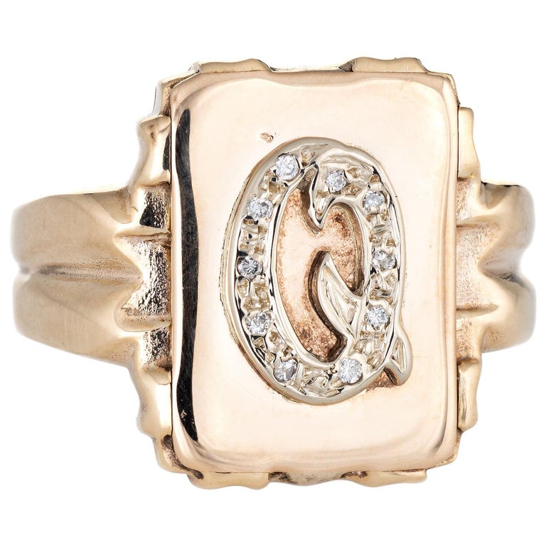 Letter Q Ring Vintage 14 Karat Yellow Gold Square Men's Initial