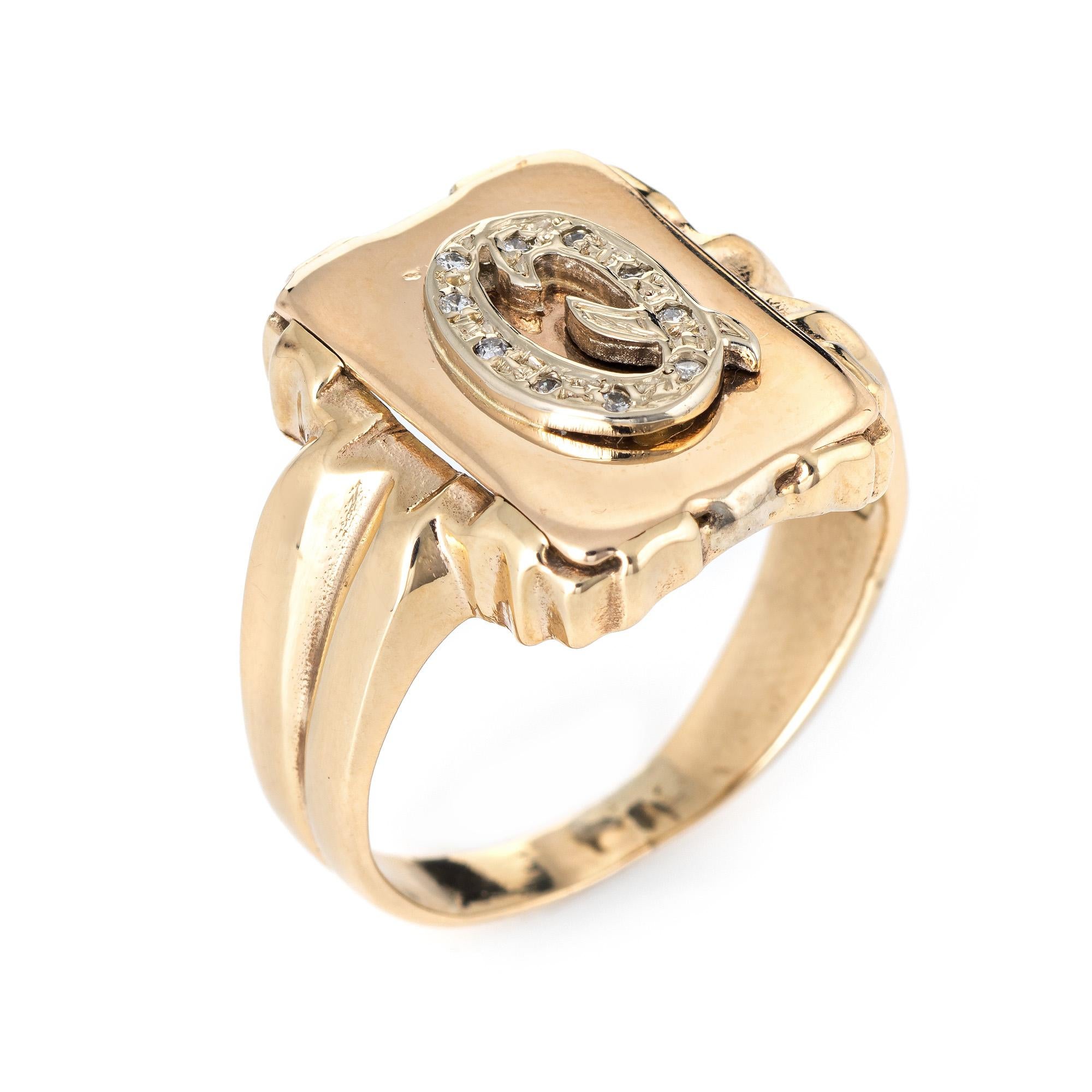Stylish vintage letter Q initial diamond signet ring (circa 1960s to 1970s) crafted in 14 karat yellow gold. 

Diamonds total an estimated 0.10 carats (estimated at I-J color and I1 clarity). 

The square signet ring is crafted in a north-west