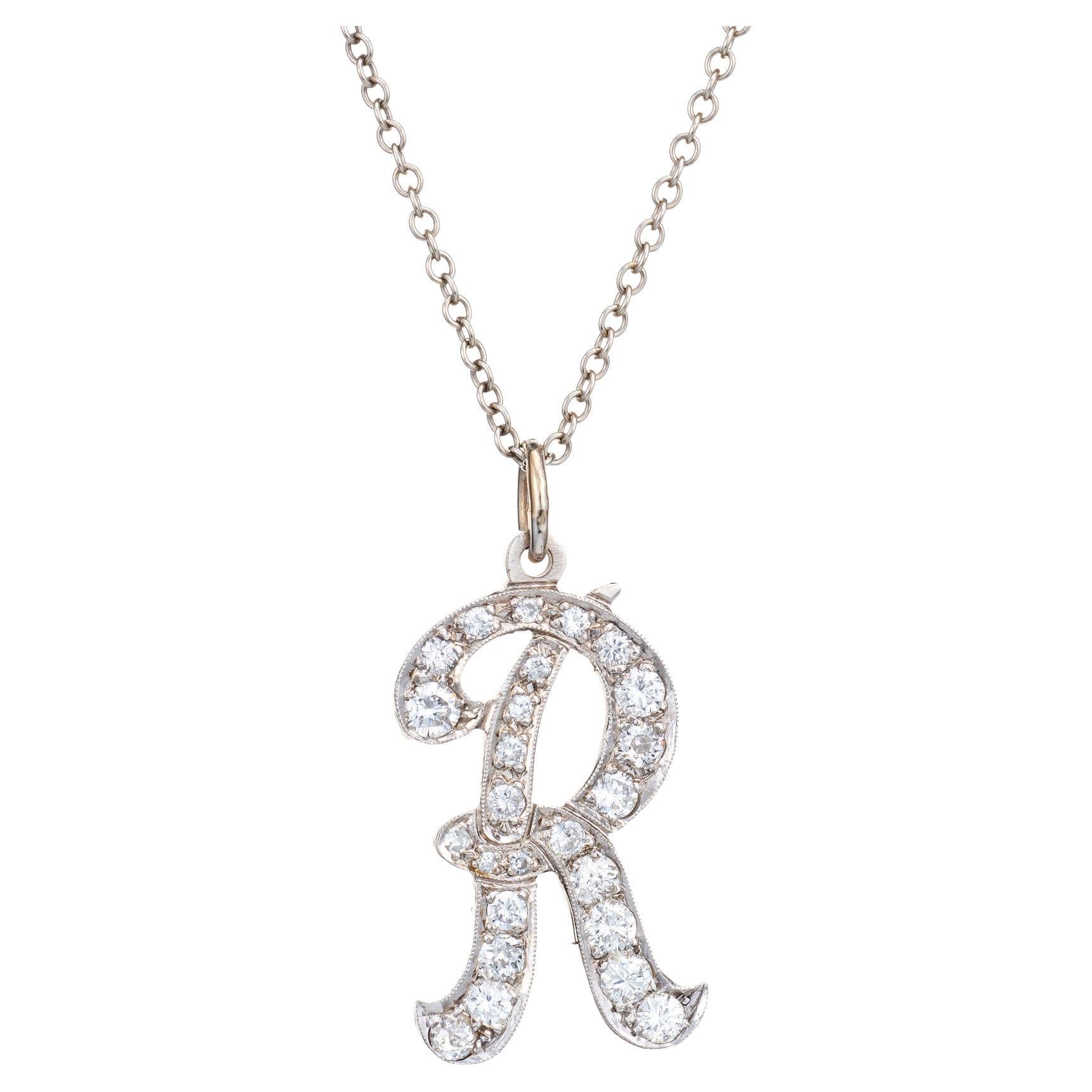 Letter R Diamond Initial Necklace Vintage 14k Gold Chain Script Pendant For  Sale at 1stDibs