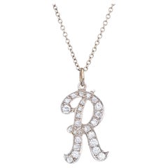 Letter R Diamond Initial Necklace Retro 14k Gold 18" Chain Script Pendant